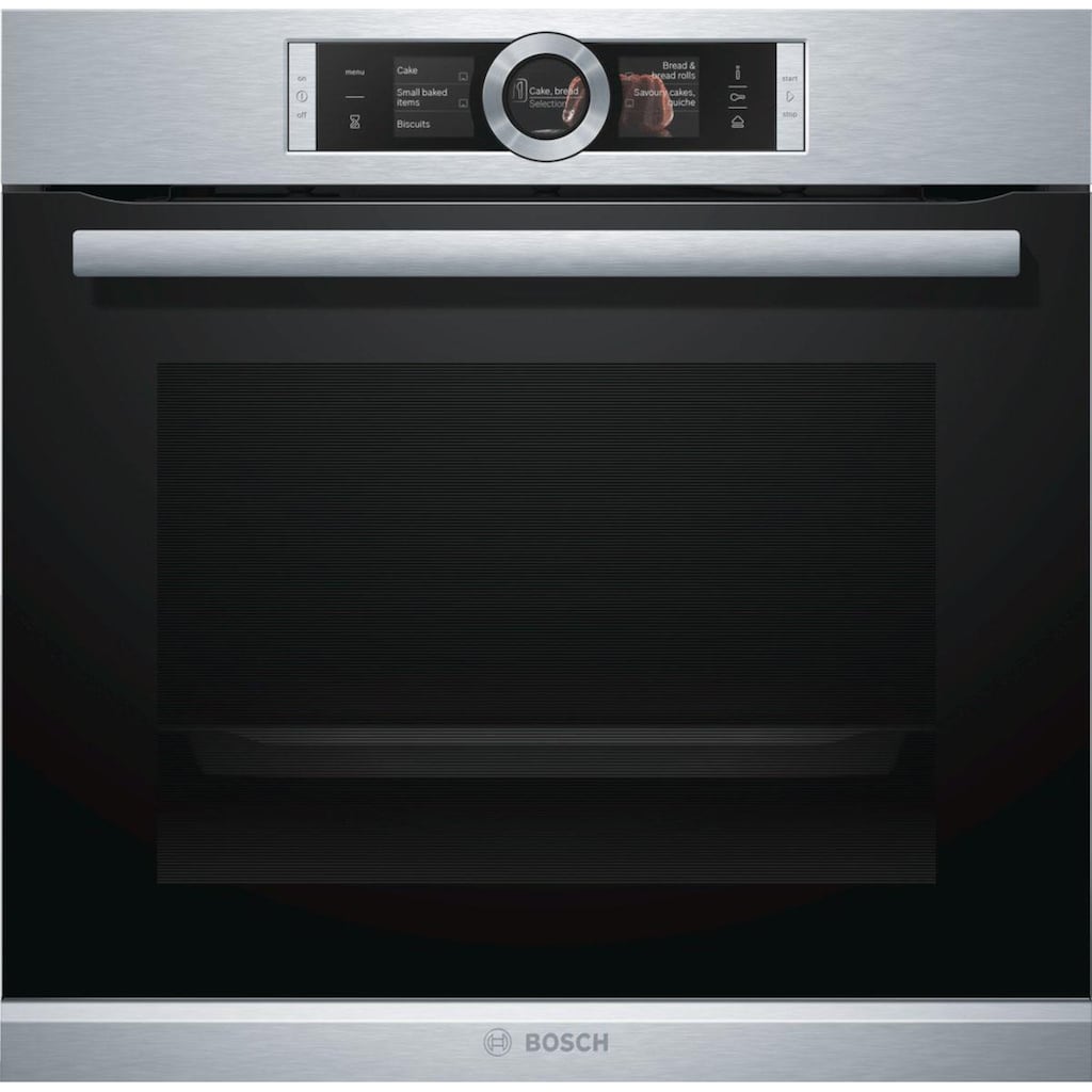 BOSCH Dampfbackofen »HSG636B«, Serie 8, mit Teleskopauszug nachrüstbar, ecoClean Direct, 4D-Heißluft-Eco-Ober-/Unterhitze Eco-Umluft-Infra-Grill-Großflächengrill-Kleinflächengrill-Pizzastufe-Sanftgaren-Vorwärmen-Warmhalten, mit Auftaufunktion