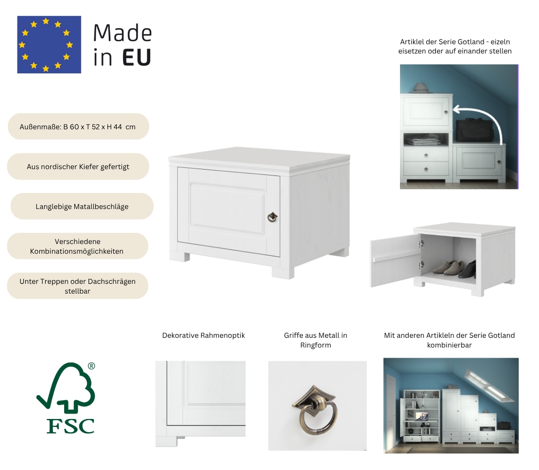 OTTO home Beistellschrank »Gotland, Schrankmodulsystem, einzeln oder mit der Serie kombinierbar«, (H/B/T ca. 60/60/52 oder ca. 44/60/52), (FSC® zertifiziert), aus massiver Kiefer, variabel einsetzbar