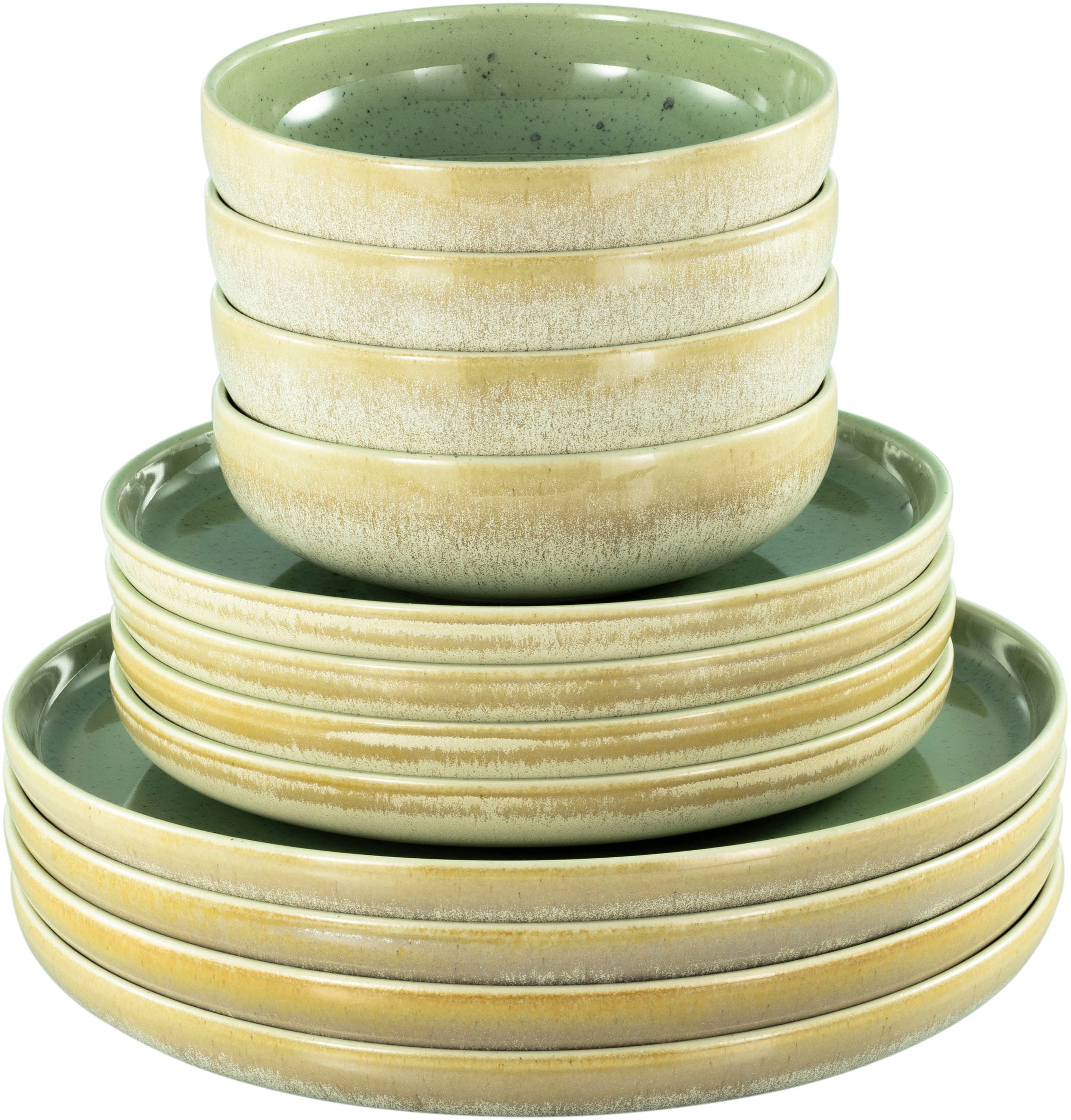 CreaTable Teller-Set »Uno Romana Grün, Tellerset 12-tlg« Sprenkel, Seidenmatte Glasur