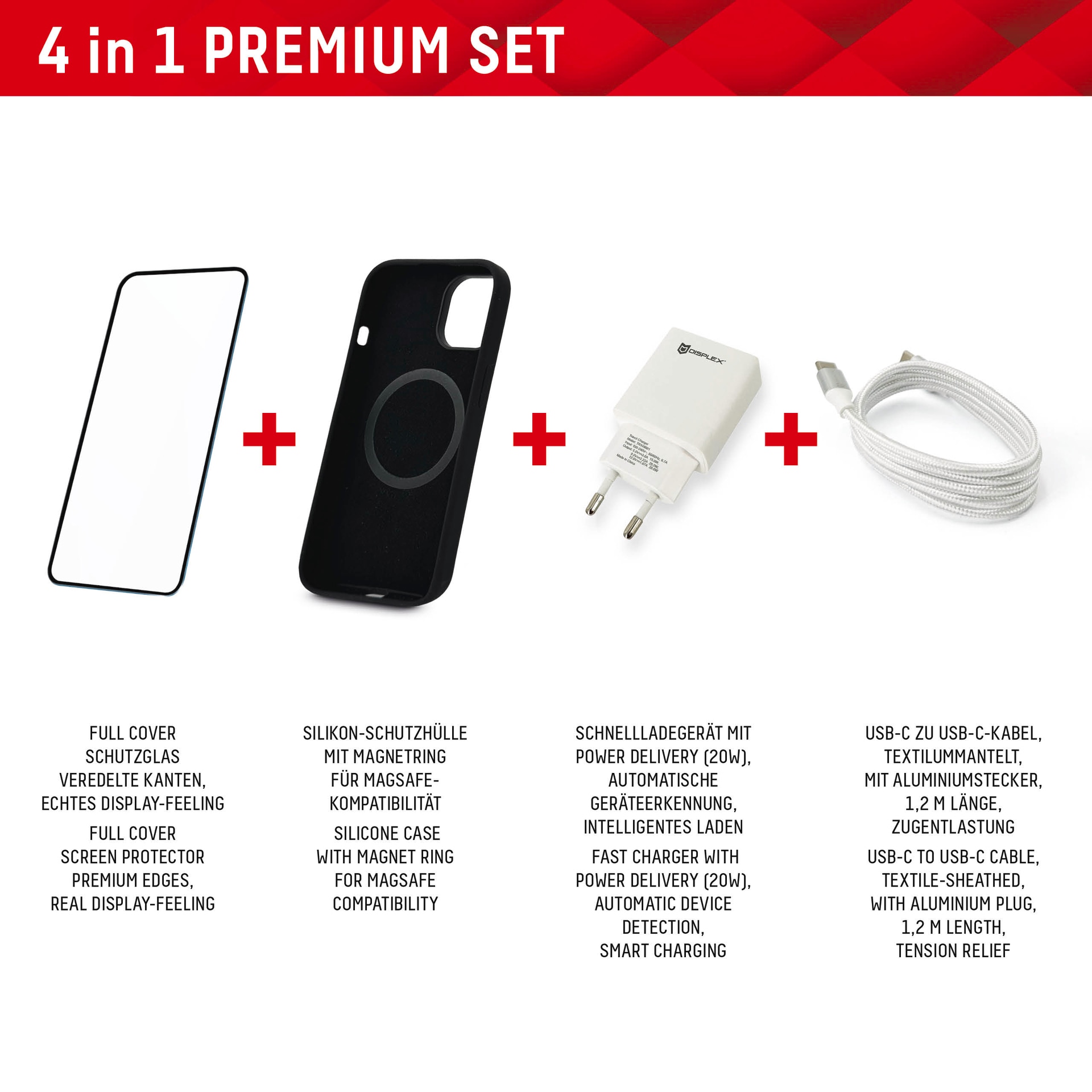 Displex Displayschutzglas »Premium Set 4in1«, für Apple iPhone 15 Plus, (Set, 4 St., bestehend aus Displayschutz, Case, Kabel, Netzteil), Displayschutzfolie Schnellladegerät 20 W MagSafe USB-C zu USB-C-Kabel