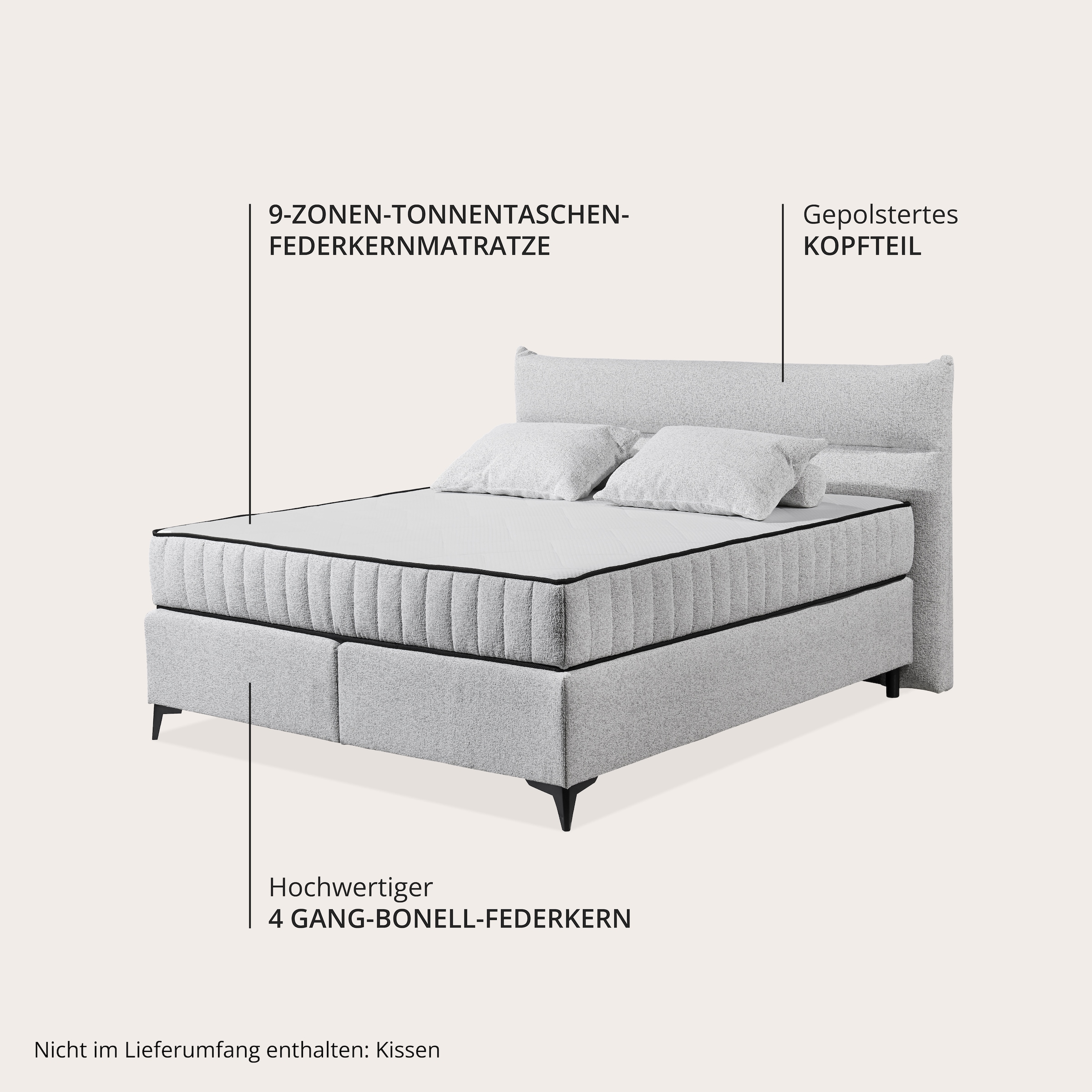 ED EXCITING DESIGN Boxspringbett »Vlieland« Premium 9-Zonen-Tonnentaschenfederkern Duo-Matratze mit Kokosmatte