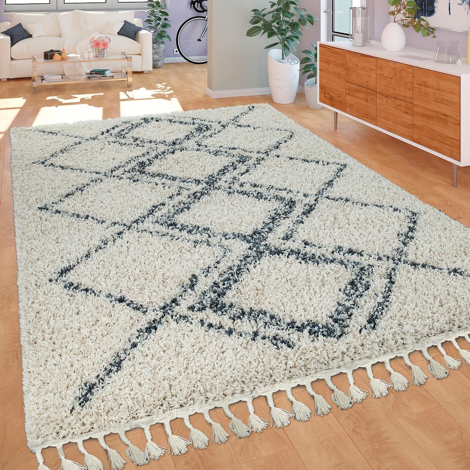 Paco Home Hochflor-Teppich »Nador 751«, rechteckig, 54 mm Höhe, weicher Shaggy mit Rauten Design und Fransen