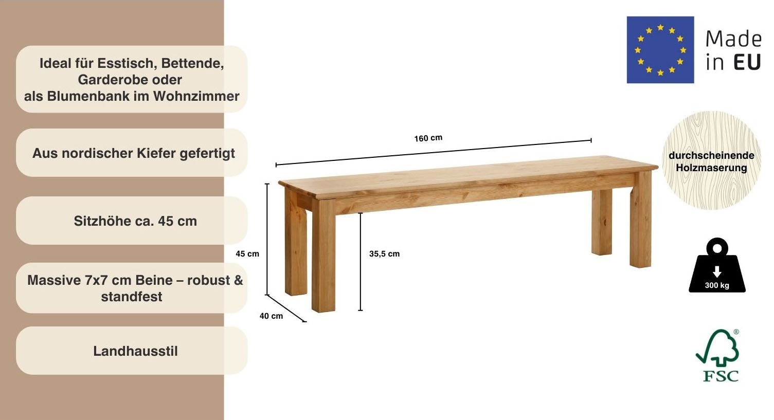 Home affaire Sitzbank, Breite 120 cm, aus massiver, FSC®-zertifizierter Kiefer