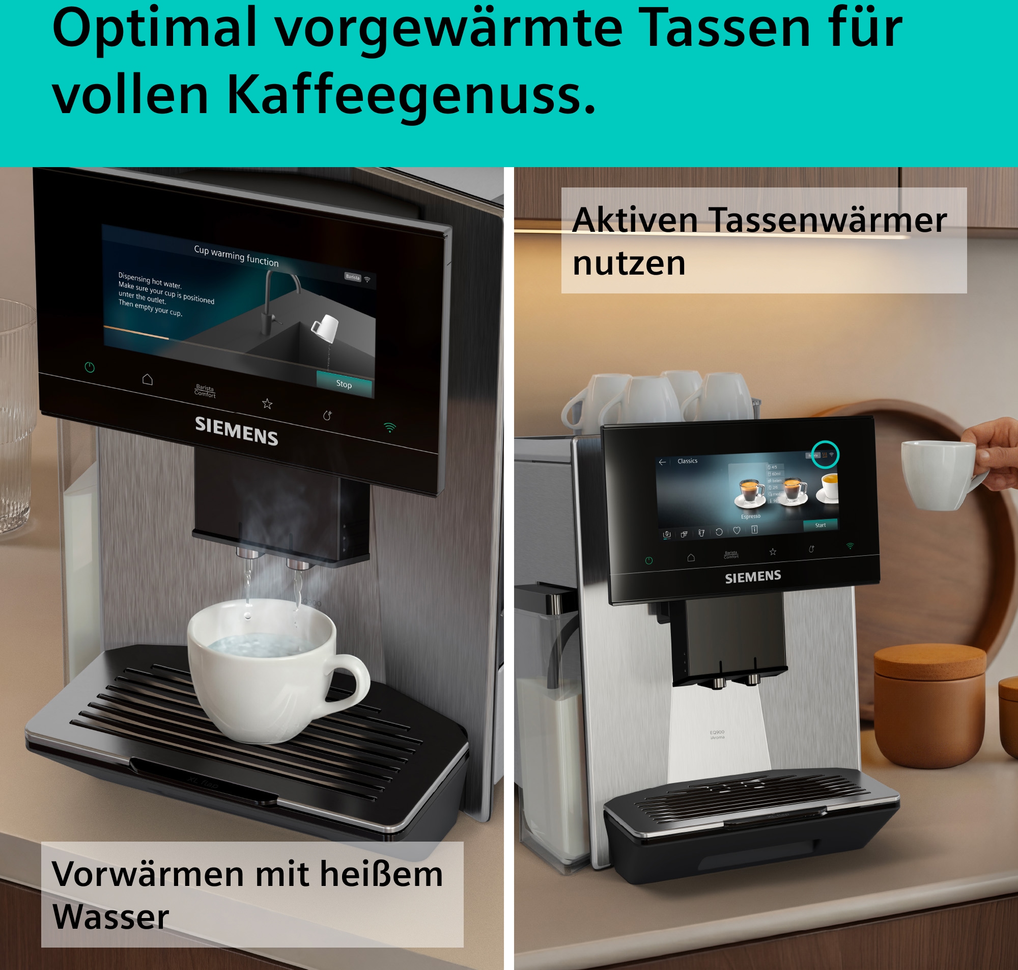 SIEMENS Kaffeevollautomat »EQ900 TQ923E03, 41 versch. Getränke, XL-Getränke, Doppeltassenfunktion« farbiges 6.8'' TFT-Display, individuelle Aromaeinstellung, Edelstahl