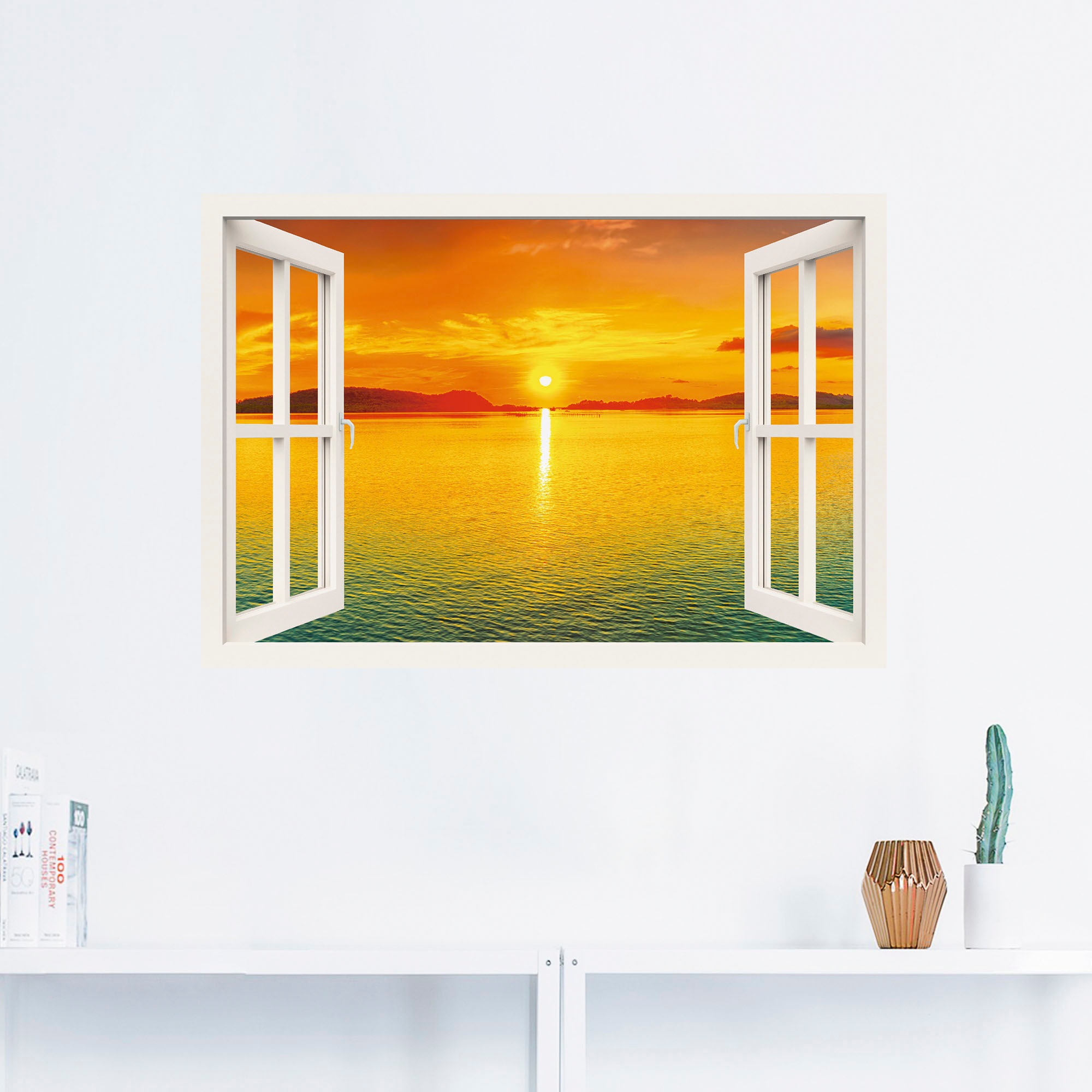 Artland Wandbild »Fensterblick - Sonnenuntergangspanorama«, Fensterblick, (1 St.), als Leinwandbild, Wandaufkleber in verschied. Größen