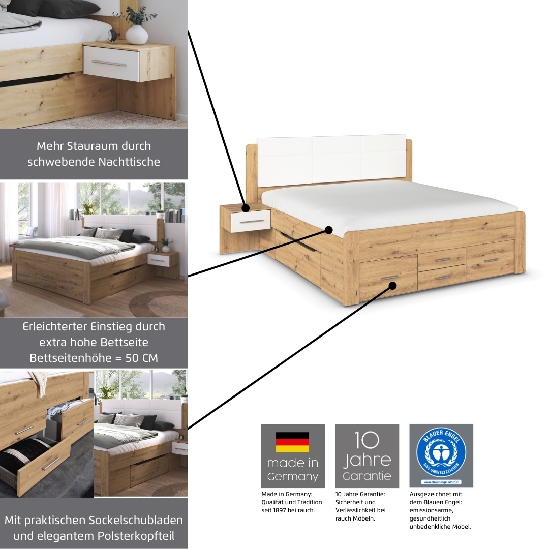rauch Bettanlage »Doppelbett Komfortbett Funktionsbett WEINGARTEN« Set, Liegefläche 180x200, B/H/T/: 265/118/210 cm, 3 tlg. tlg. 6 Bettschubladen mit viel Stauraum, 2 Hängenachttische MADE IN GERMANY