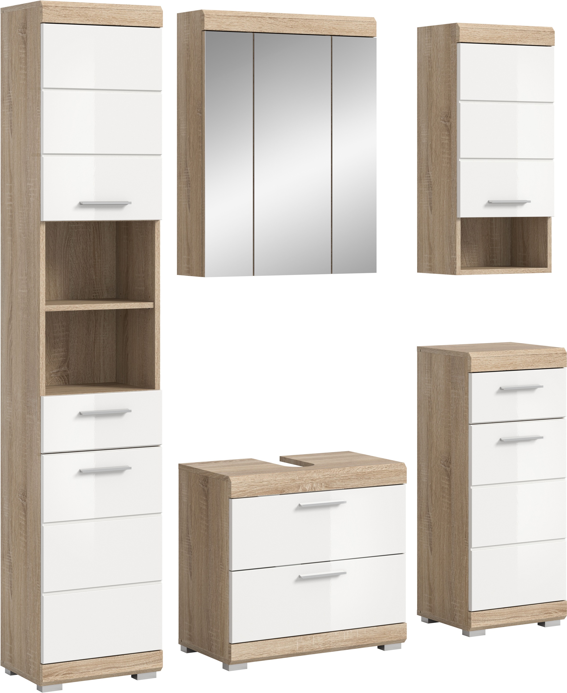 INOSIGN Badmöbel-Set »Siena, 5 teilig, bestehend aus:«, (Set), Hochschrank, WBU, Spiegelschrank, Unterschrank, Hängeschrank