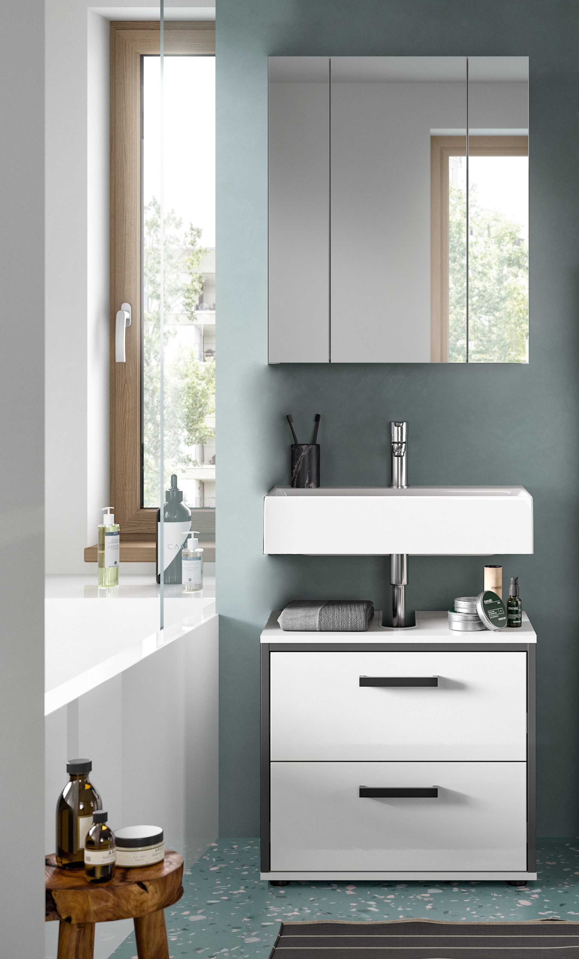 welltime Badmöbel-Set »KAJO, 2-tlg. Badkombination, weiß hochglanz,« Set, Set, best. aus: 1 Waschbeckenunterschrank, 1 Spiegelschrank, 2 Stk. tlg.