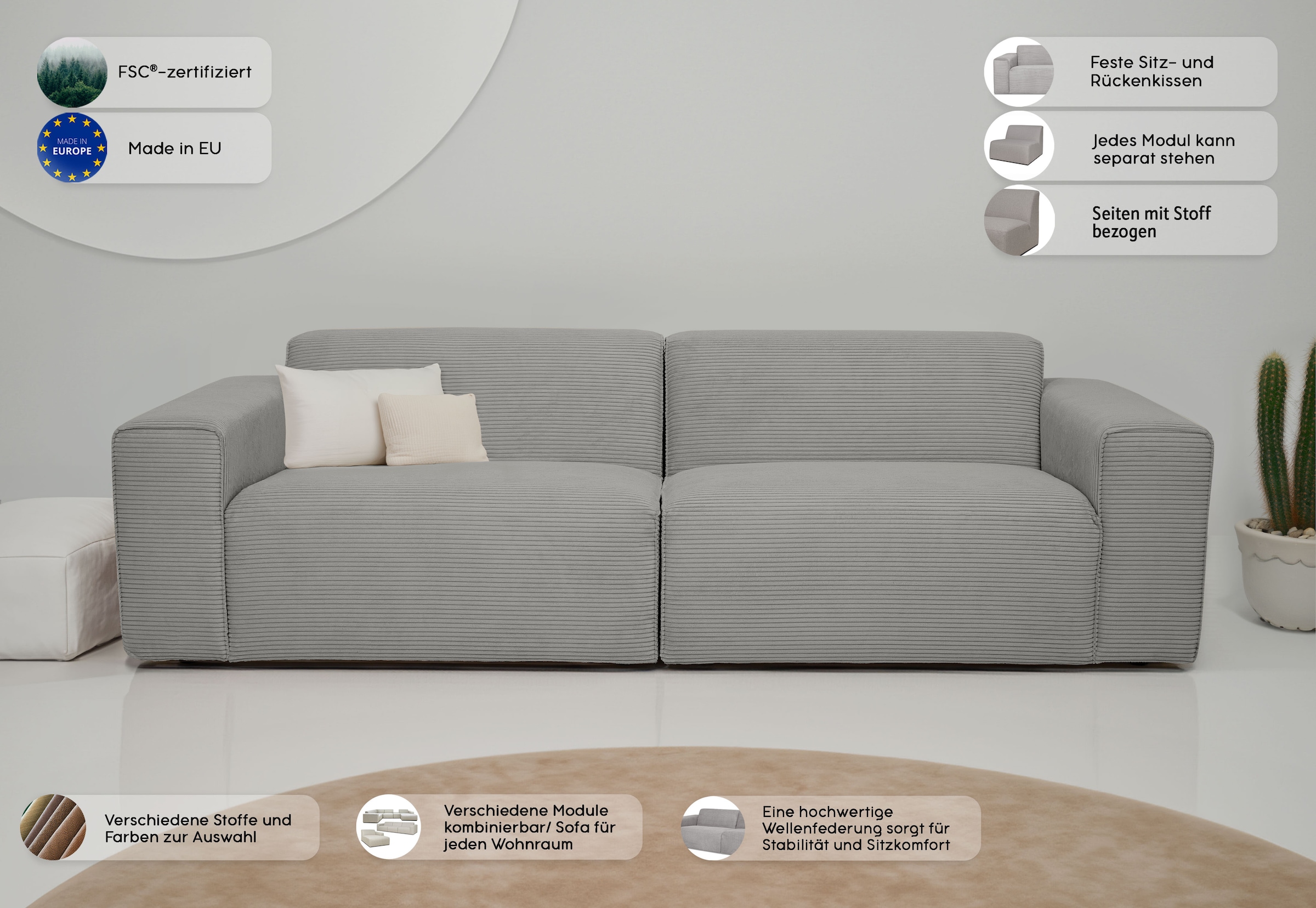 INOSIGN 3-Sitzer »Koa, 228 cm, Modulsofa in Webstoff, Cord, Struktur«, Designsofa, weicher Lounge-Sitzkomfort, Welleunterfederung, bodentief