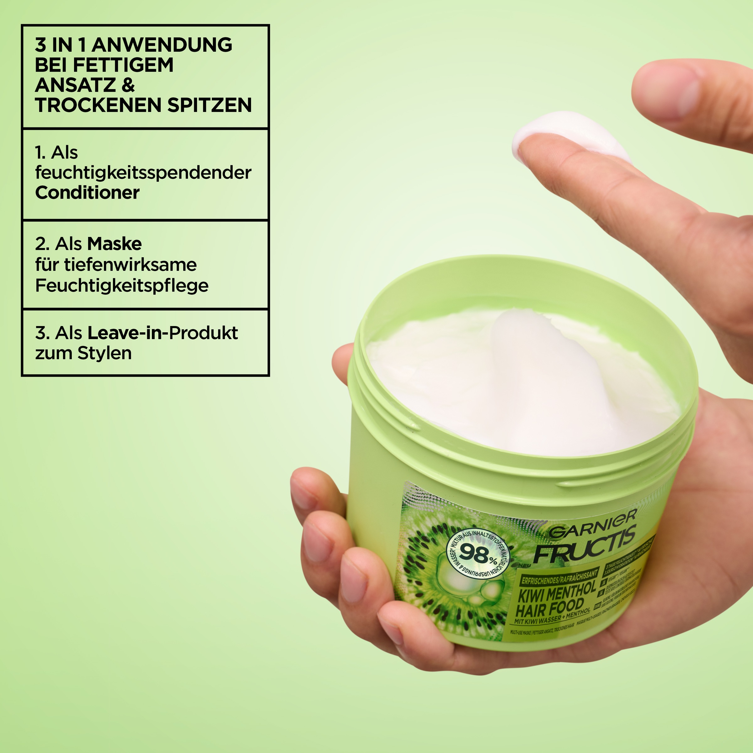 GARNIER Haarmaske »FRUCTIS MULTI-USE HAARMASKE KIWI MENTHOL HAIR FOOD« für fettigen Ansatz und trockene Längen, Multi-Use Maske