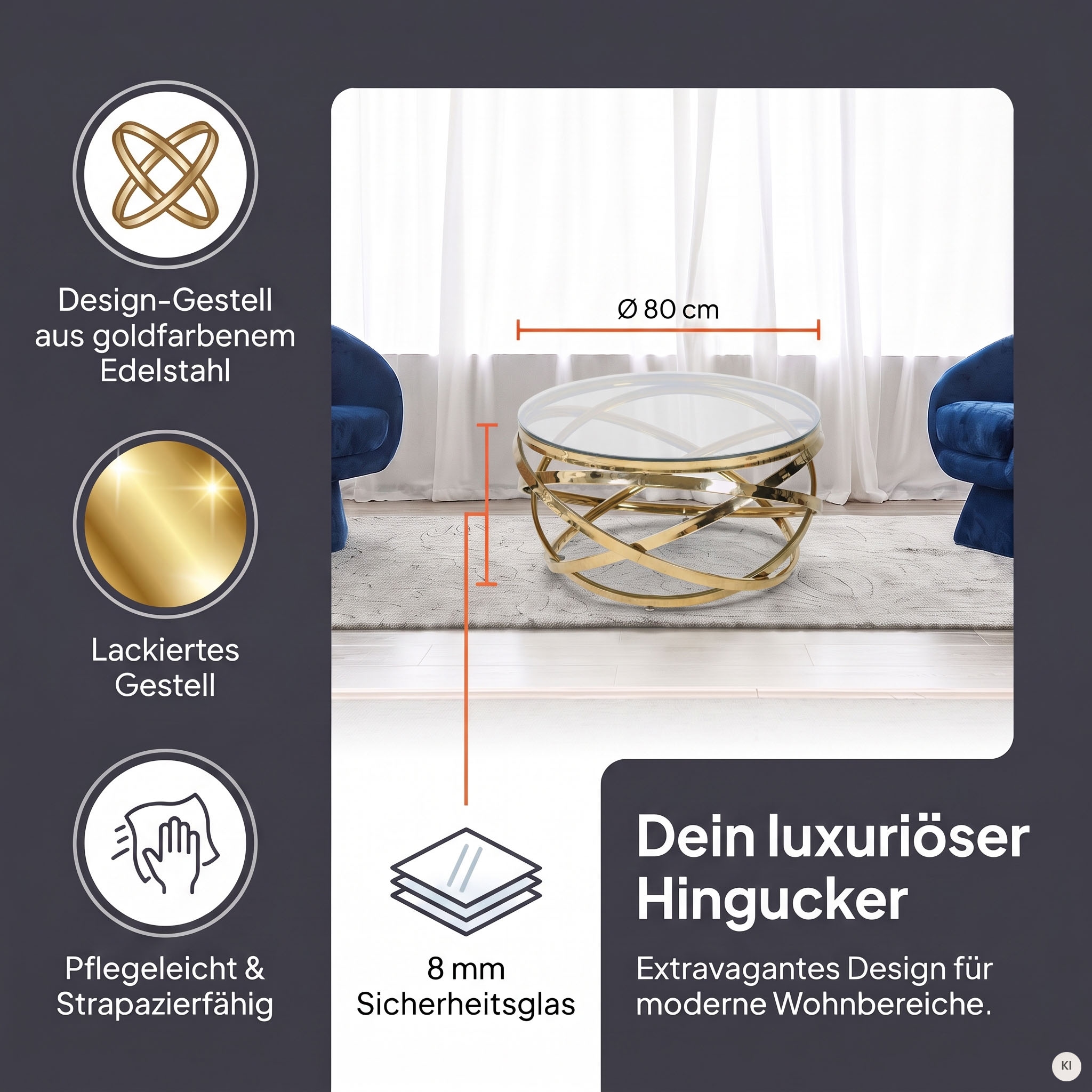 SalesFever Couchtisch »mit Design-Gestell in Stainless Steel für stilvolles Wohnen« Gestell gefertigt aus rostfreiem Edelstahl