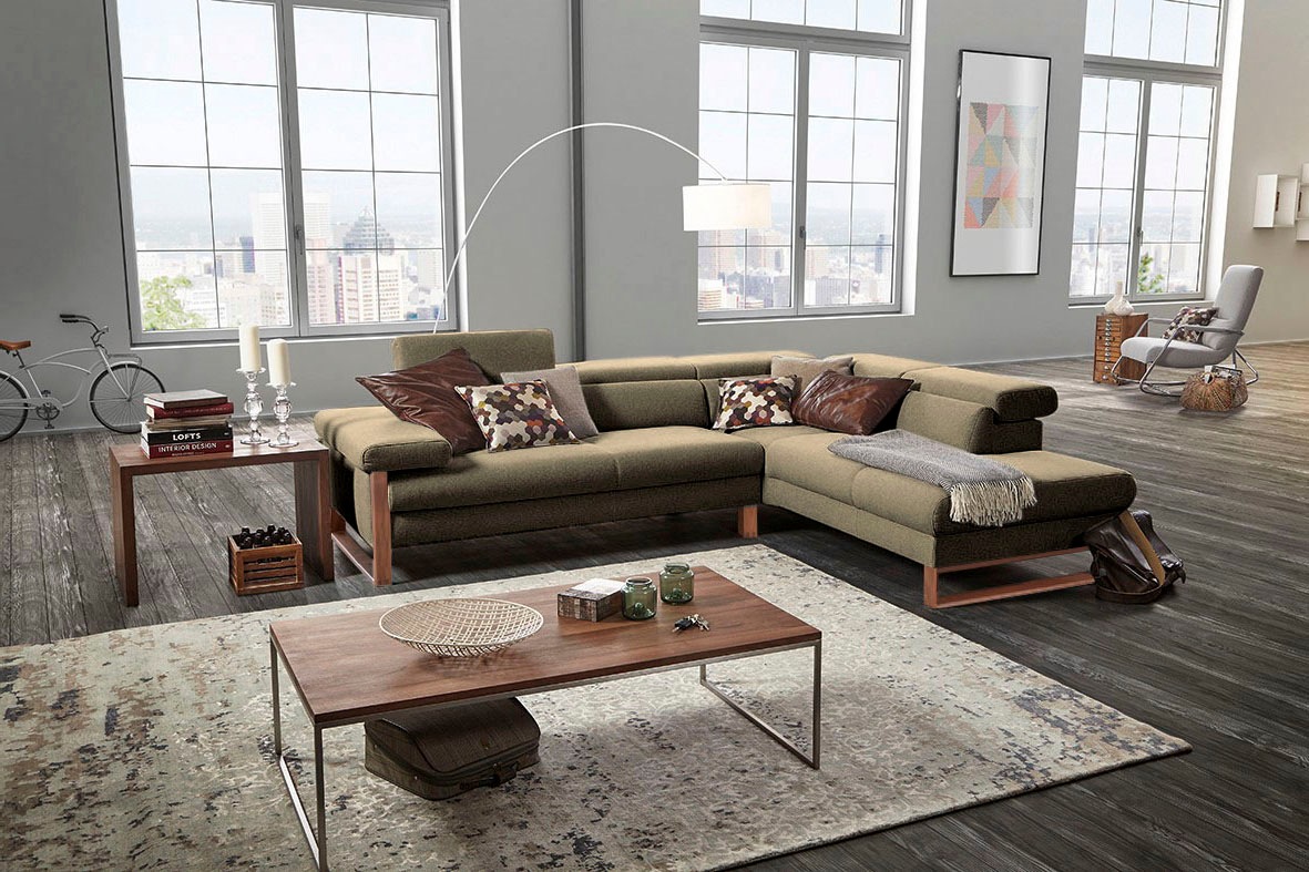 W.SCHILLIG Ecksofa »finn, Designsofa mit tollem Sitzkomfort, bequem, L-Form«, German Design Award 2016, Fußgestell Nussbaum natur, Breite 281 cm