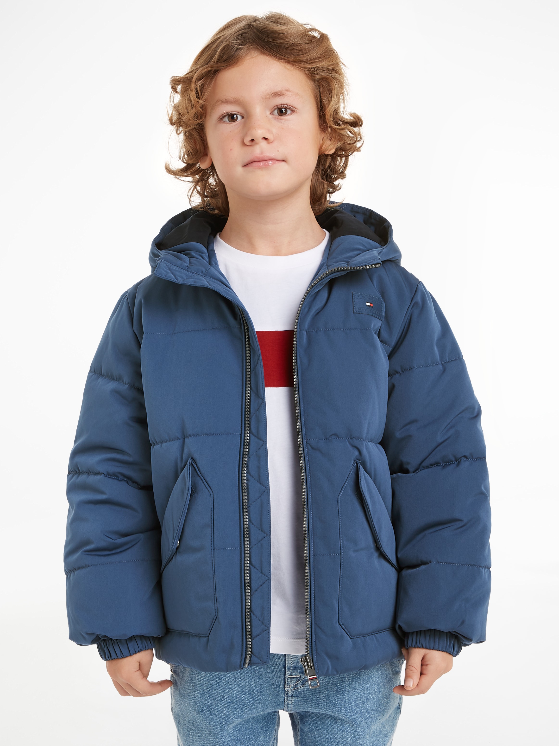 Tommy Hilfiger Steppjacke »MONOTYPE PADDED PUFFER JACKET«, mit Kapuze, Baby bis 2 Jahre, mit Kapuze, Gummizug am Ärmel