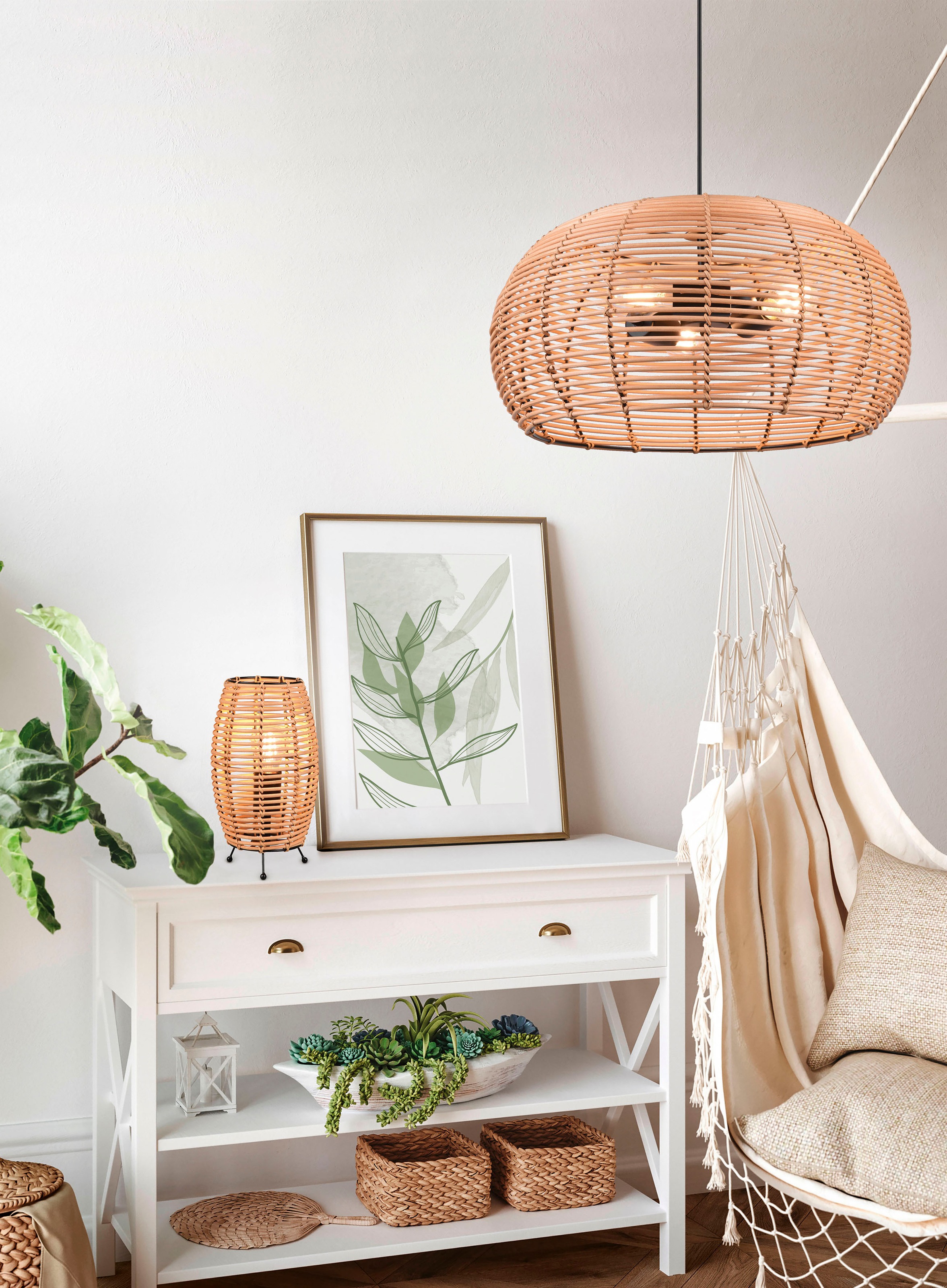 TRIO Leuchten Pendelleuchte »Inga«, 3 flammig, Leuchtmittel E27 | ohne Leuchtmittel, Hängelampe Rattan in Korbgeflecht Optik, exkl 3xE27, höhenverstellbar