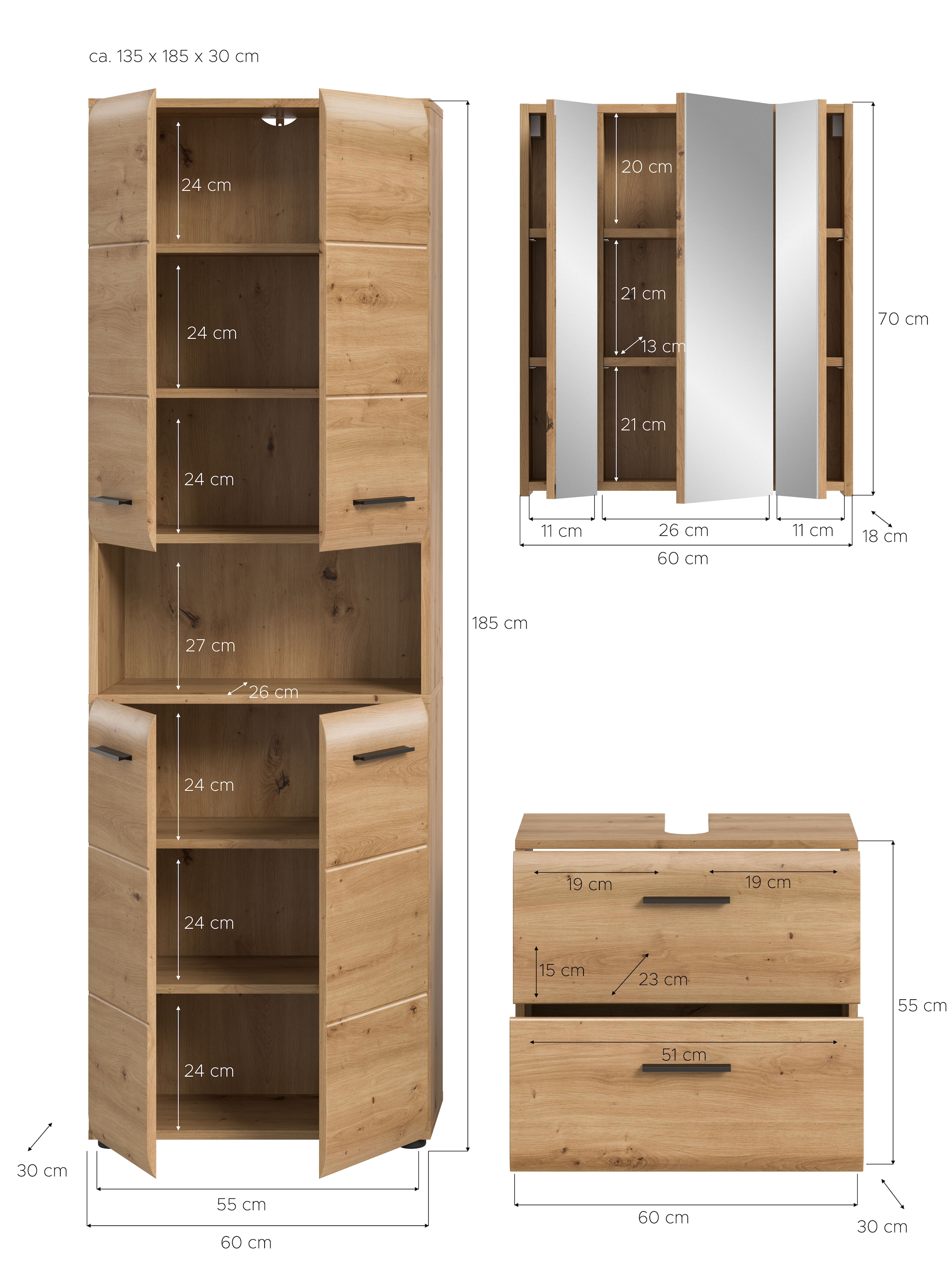 INOSIGN Badmöbel-Set »FLORENZ, TOPSELLER!, 3-teilige Badkombination, hochwertige MDF-Front« Set, best. aus: 1 Hochschrank, 1 Waschbeckenunterschrank, 1 Spiegelschrank, 3 Stk. tlg.