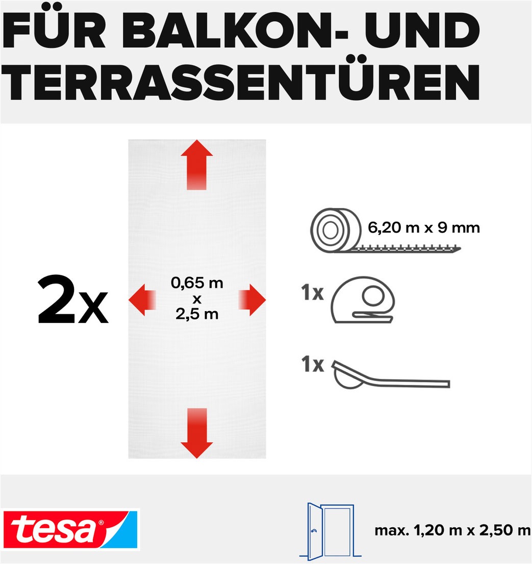 tesa Insektenschutz-Tür »Klett Fliegengitter Premium für Türen - ohne Bohren« Packung, Fliegennetz, Klettband, 1 Stk. tlg. selbstklebende Insektenschutz - (2 x 65cm )120cm x 250cm