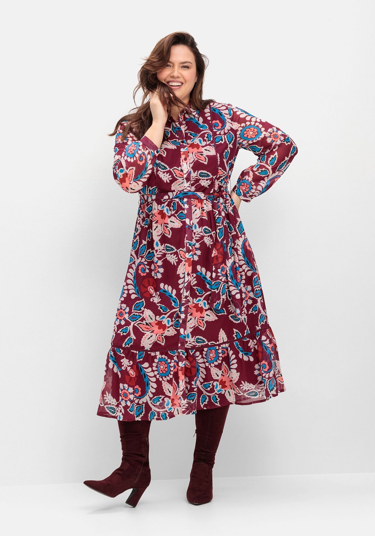 Sheego Chiffonkleid »Hemdblusenkleid mit Spitzendetails und Volant«