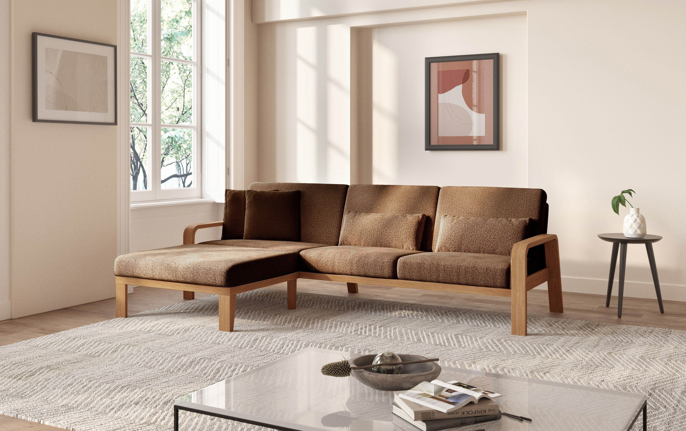 sit&more Ecksofa »Kolding L-Form«, Armlehnen aus eichefarbigem Buchenholz, verschiedene Bezüge und Farben