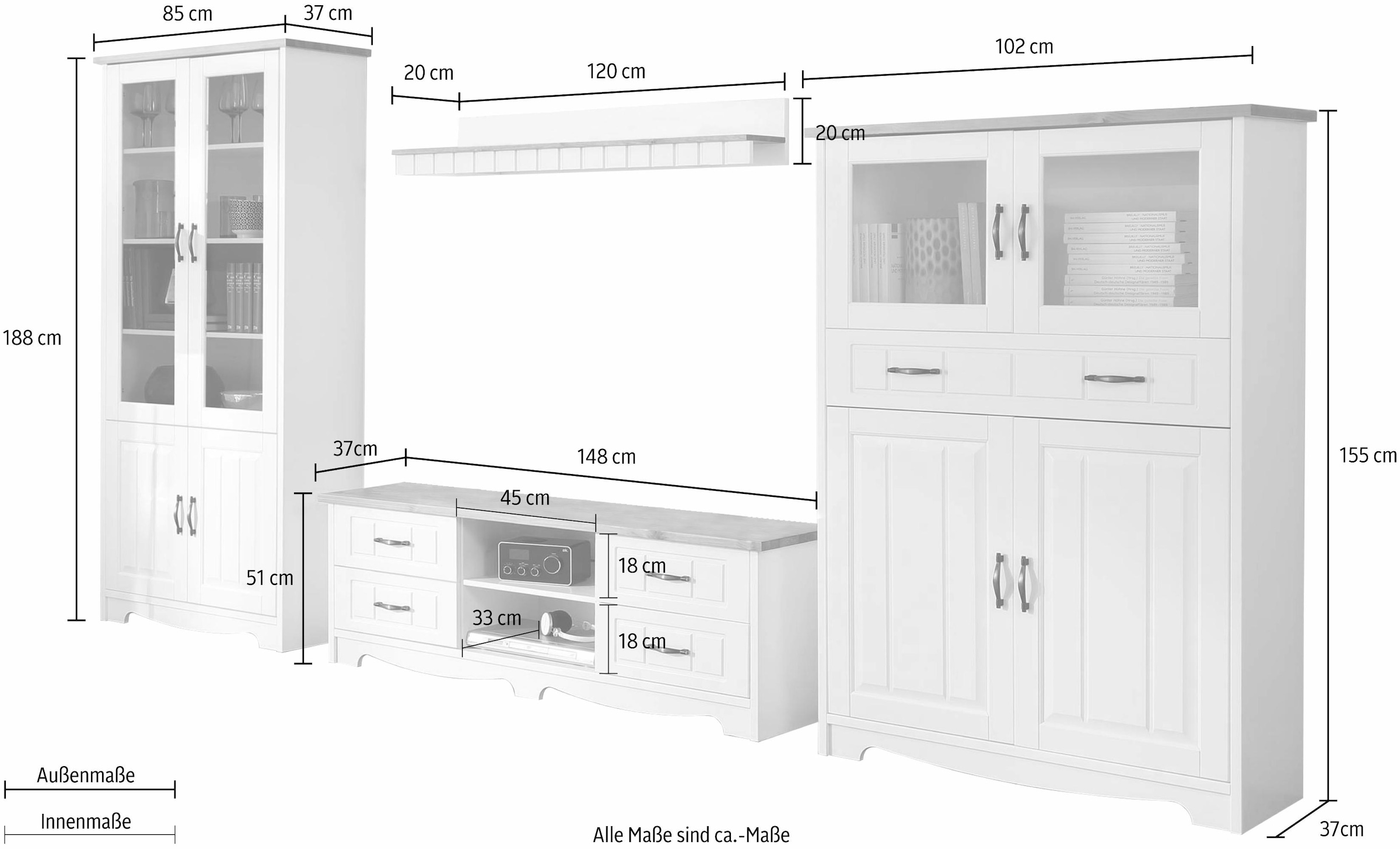 bei aus 4 St.), Vitrine, Highboard, Lowboard, affaire Home Set 1 (Set, 1 1 OTTO Wohnwand kaufen »Trinidad«, 1 Wandboard