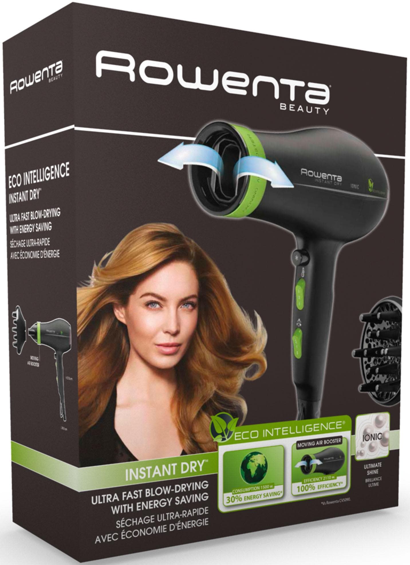 Rowenta Haartrockner »Eco Intelligence Instant Dry, Luftstrom-Booster, langes Kabel 1,8 m,«, 1500 W, 2 Aufsätze, 1500 W, 3 Temperaturen, 2 Geschwindigkeiten, Kaltstufe, Föhn, CV6030