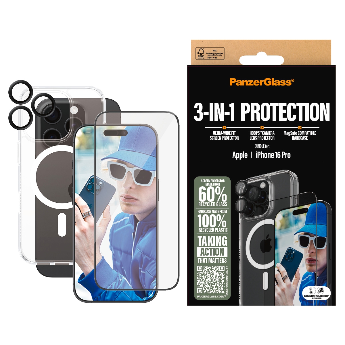 PanzerGlass Displayschutzglas »3-in-1 Protection, Glass, Hoops, Case«, für Apple iPhone 16 Pro, Displayschutzfolie, Schutzfolie, Bildschirmschutz, kratz- & stoßfest