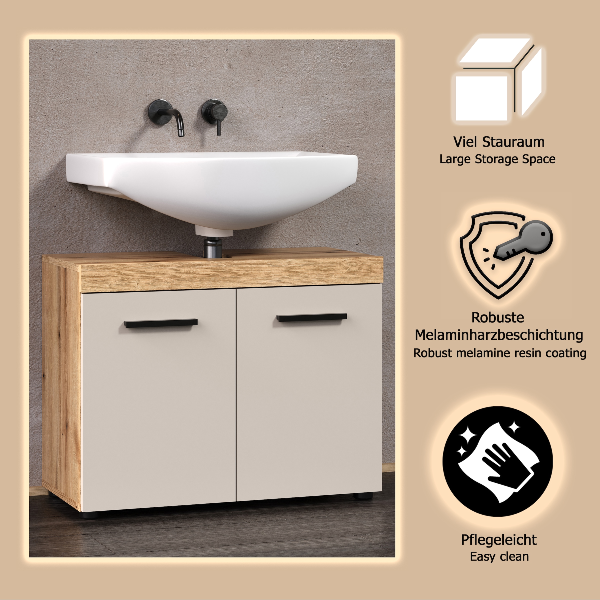 welltime Waschbeckenunterschrank »Isera« 1 Stk. tlg. Waschbeckenschrank mit 2 Türen – (B/T/H) 72/34/56 cm