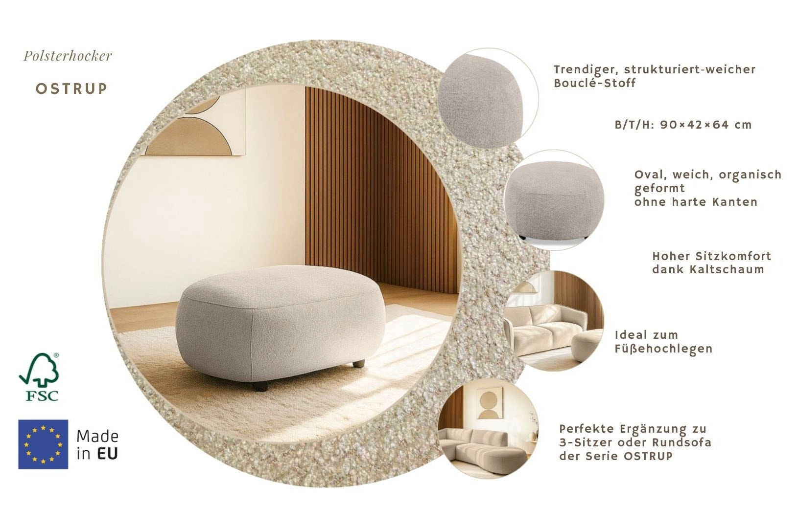 Home affaire Polsterhocker »OSTRUP,  Naturtöne, Boucle« 90x64 cm, organische Form mit sanften Rundungen
