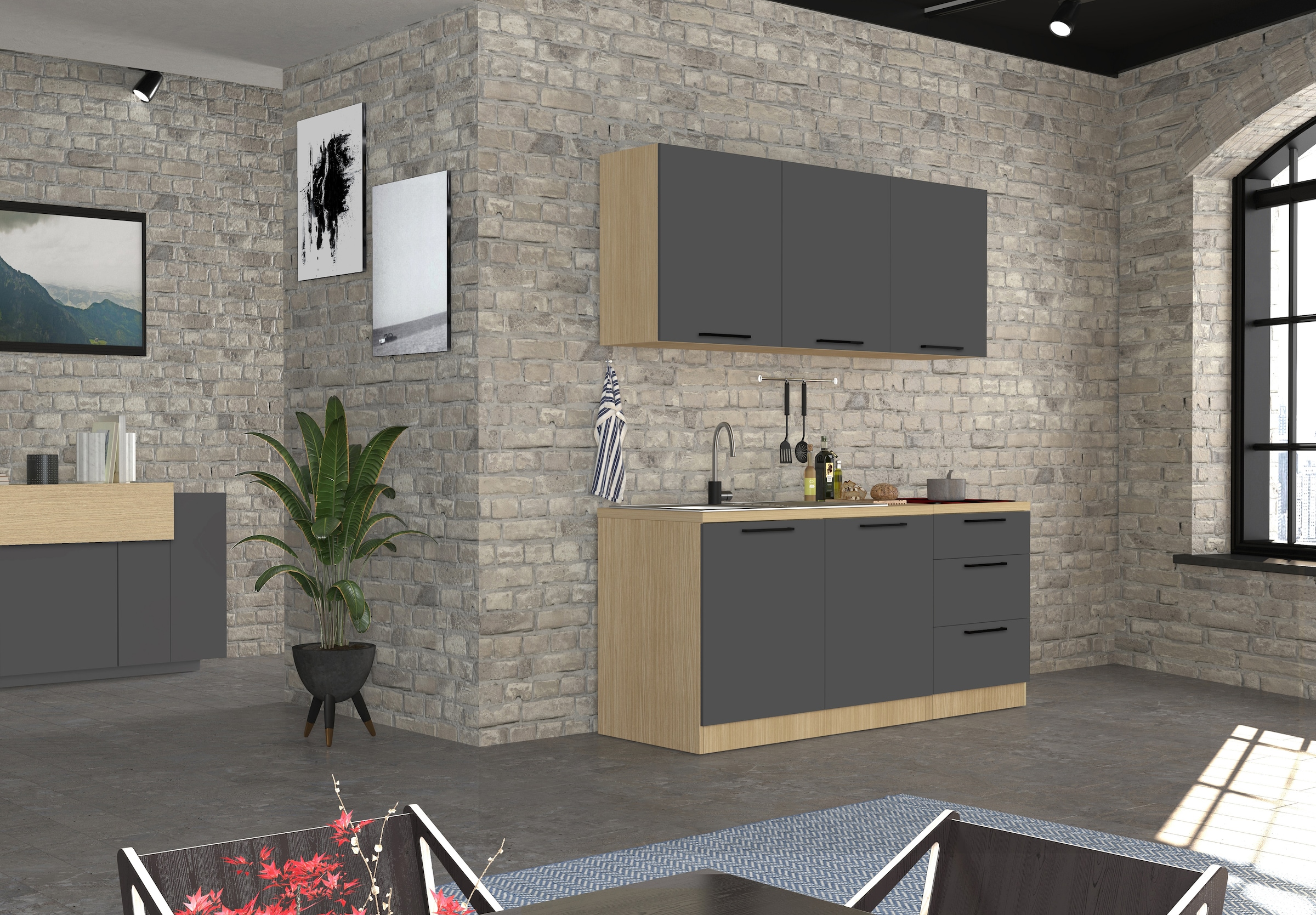 KOCHSTATION Küchenzeile »Luna, Küchenzeile mit Spüle + Siphon, ohne E-Geräte« Breite 182 cm,Türen mit Soft-Close Funktion, Metalgriffe,Made in Italy