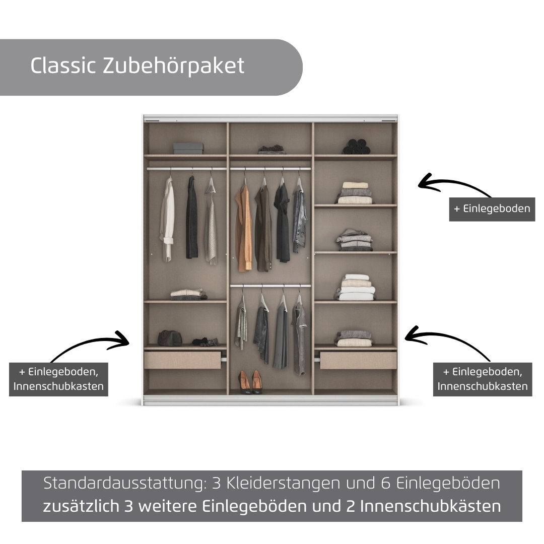 rauch Kleiderschrank »Schwebetürenschrank OTTO´s Choice Garderobe Schrank TOP ANGEBOT Avola«, (in 3 verschiedenen Ausstattungen BASIC/CLASSIC/PREMIUM inkl. Spiegel), mit eleganten Zierleisten in Chrom, Schwarz oder Weiß MADE IN GERMANY