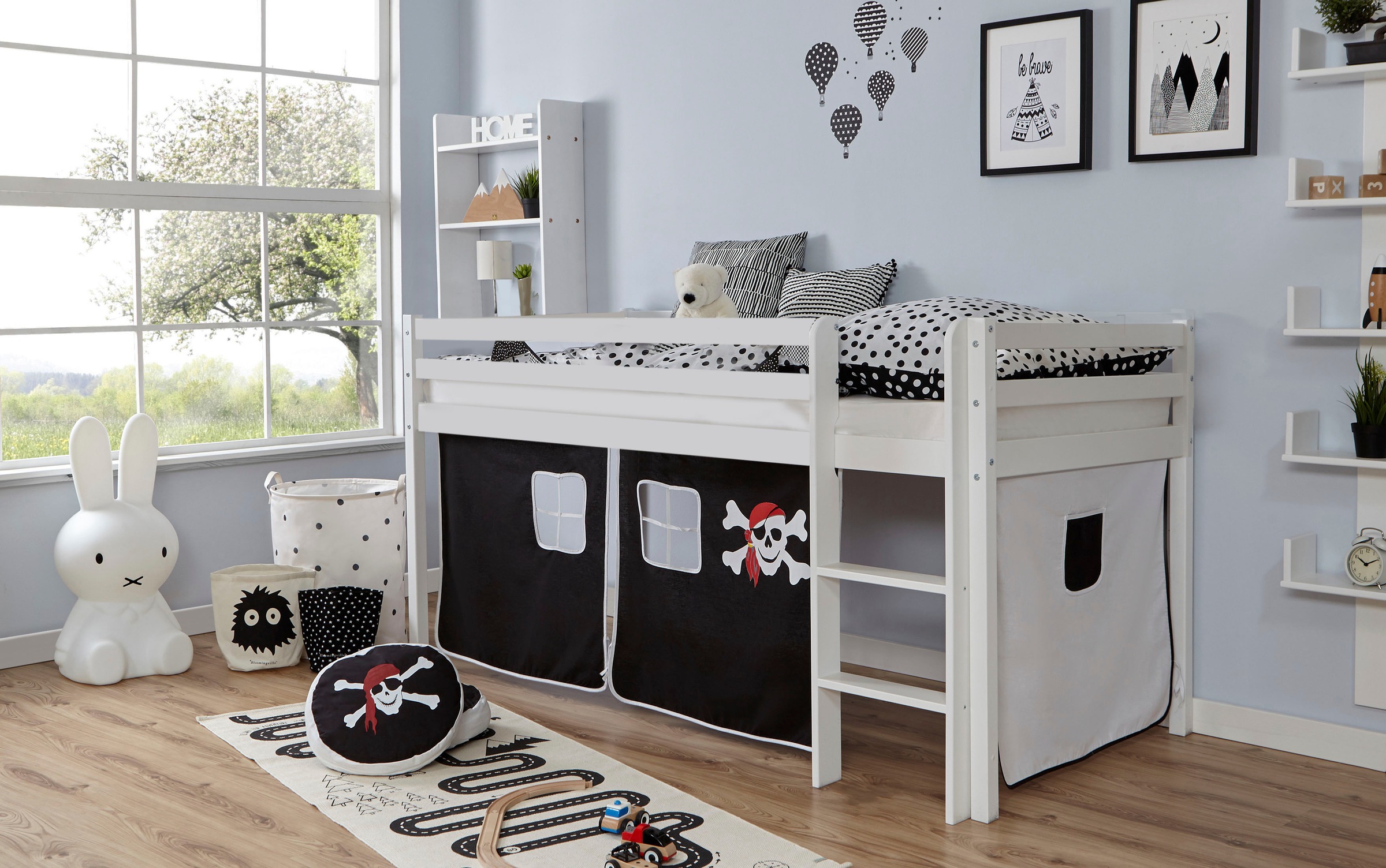 Ticaa Hochbett »Rene«, mit Rollrost und Textil-Set wahlweise mit Matratze, Buche