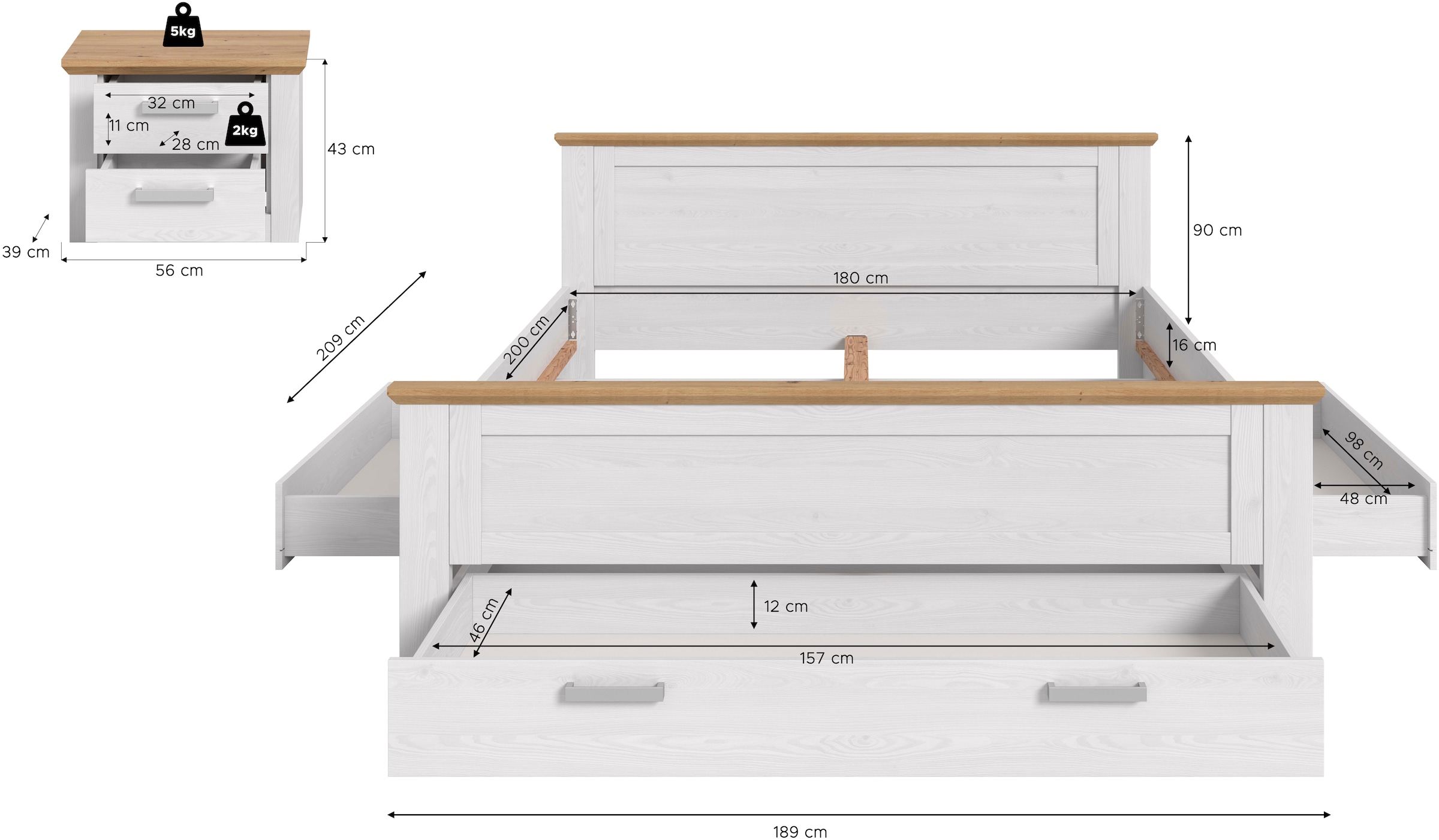 Home affaire Schlafzimmer-Set »COSENZA, 2-teilig, Stauraumbett & Nachttisch« Matratzengröße 180x200 cm, viel Stauraum, ohne Lattenrost & Matratze, 2 tlg. tlg. Schlafzimmer, Schlafen, Set, Kombination, Bettanlage
