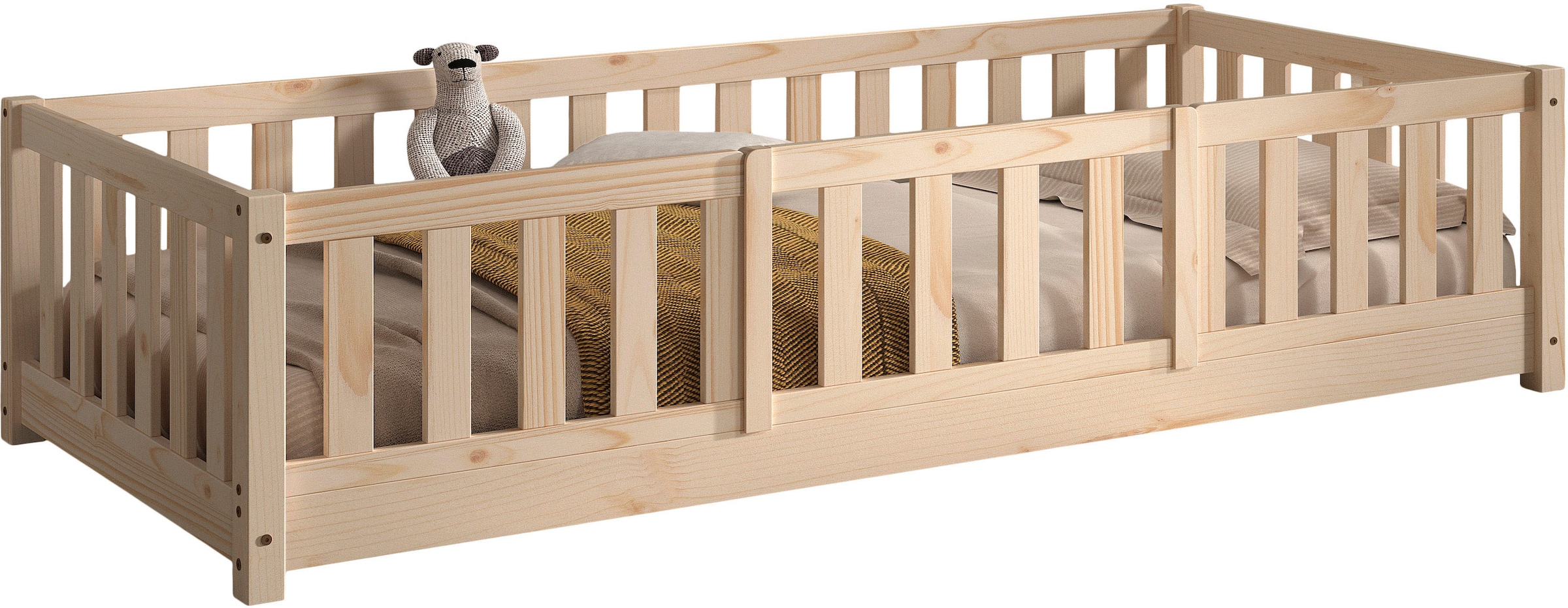Vipack Kinderbett »Dallas, massiv Bett, Rausfallschutz, umbaubar vom Boden- zum Daybett« inkl. Rolllattenrost und Sprossenumrandung, 90 oder 140x200 cm breit,  stabil und standfest gebaut, wahlweise Kiefer massiv natur oder weiß