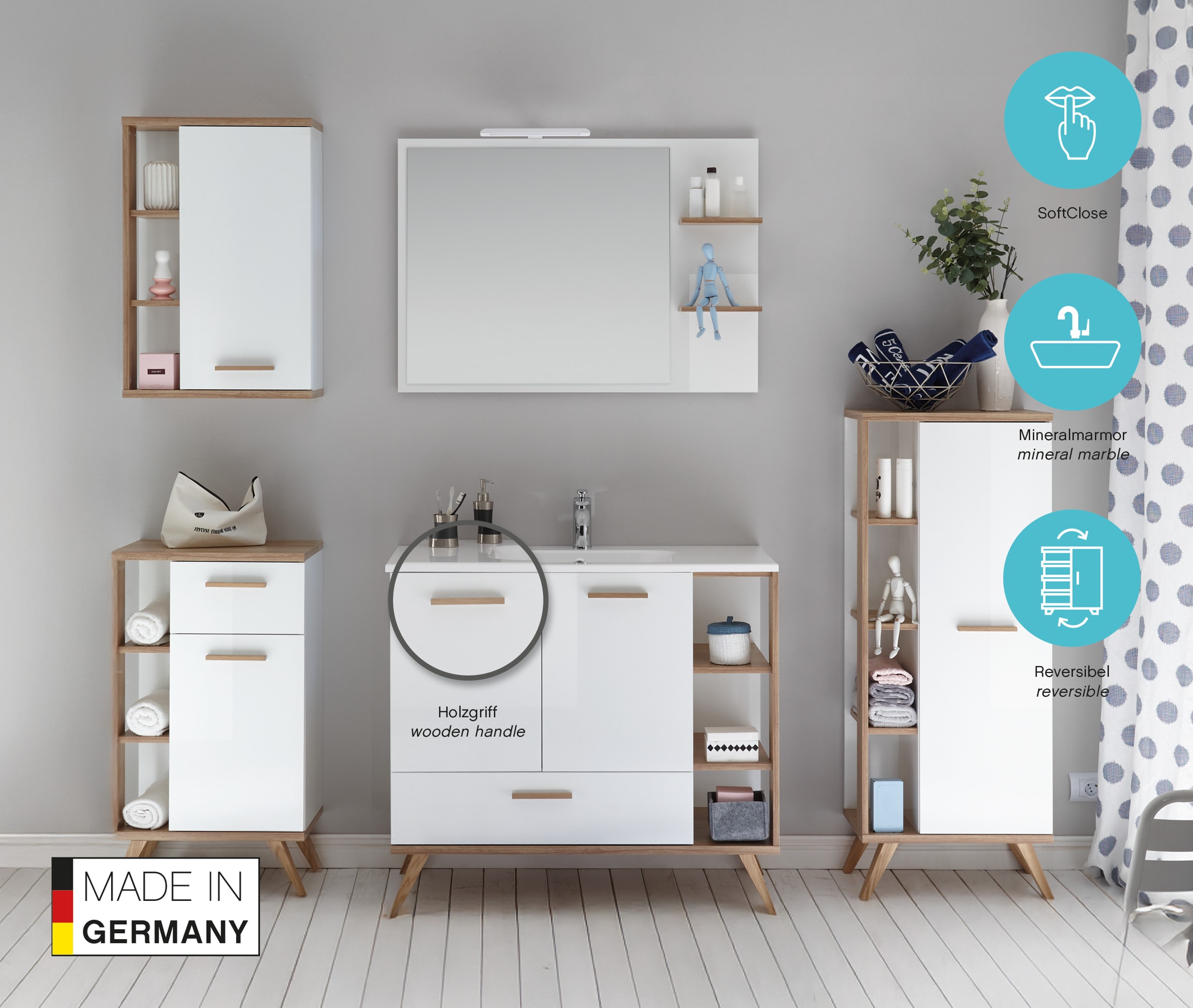 Saphir Badmöbel-Set »Quickset Mineralmarmor-Waschtisch mit LED-Spiegel, 101 cm breit« 4 Stk. tlg.