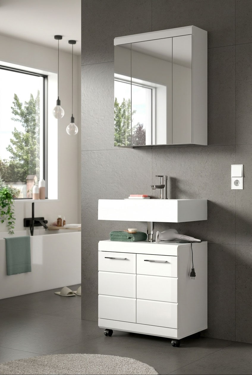 welltime Waschbeckenunterschrank »SIENA, Breite 60cm,  2 Türen oder 2 Schubkästen, auf Rollen, MDF-Front« TOPSELLER! , mit Siphonausschnitt 10x25 cm,  in verschiedenen Farben erhältlich, Badmöbel, Badschrank, Kommode, Bad