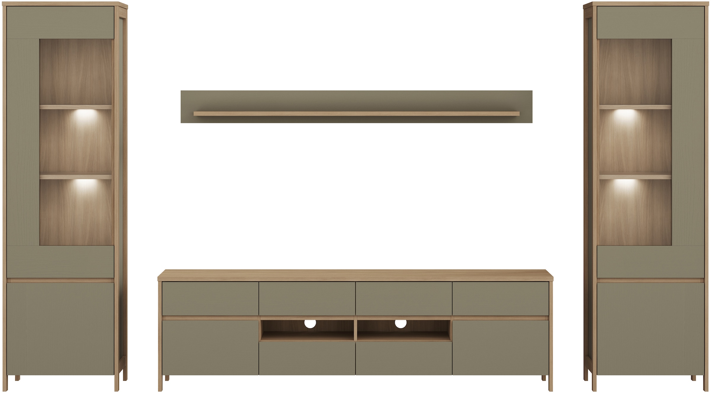 Home affaire Wohnwand »Stranda, moderne Anbauwand, Komplettset im Scandi-Style«, (4 St.), enthält zwei Vitrinen, Lowboard und Wandboard, 344 cm breit