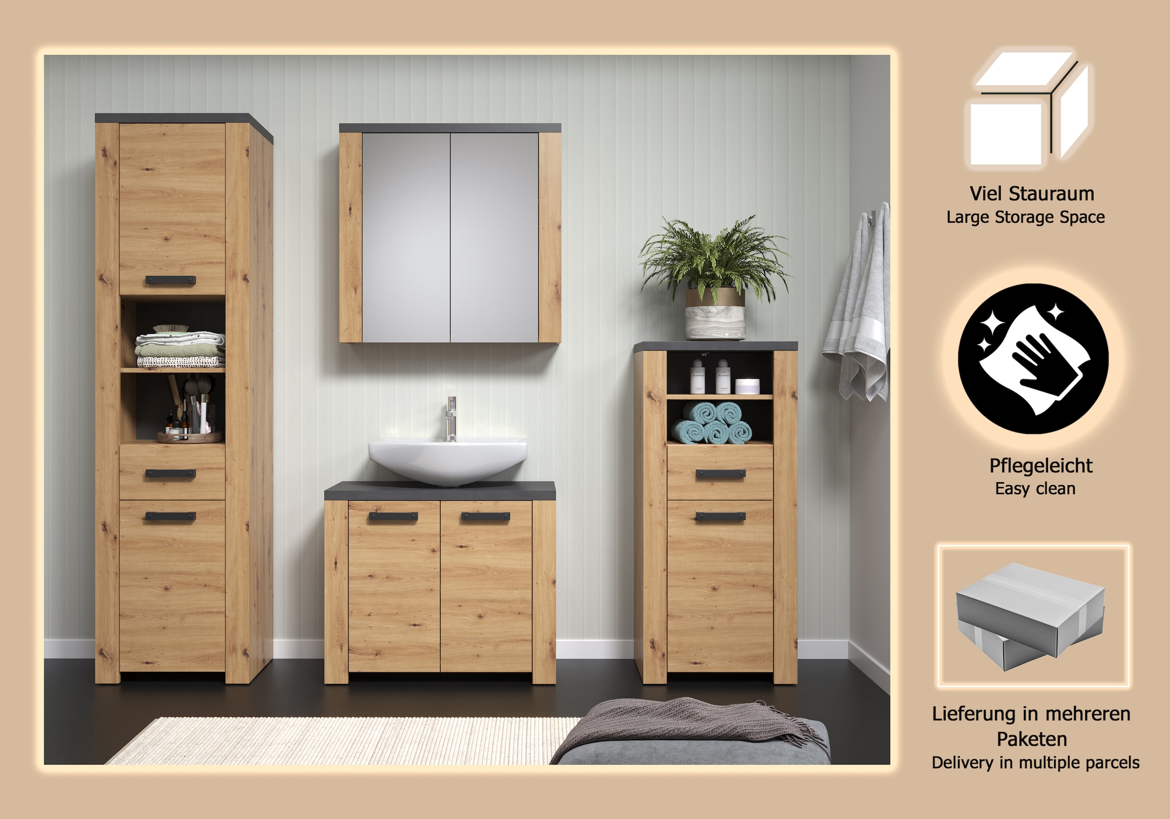 welltime Badezimmer-Set »Ambres«, (4 St.), Komplettset: Hochschrank, Spiegelschrank, Kommode & Standschrank
