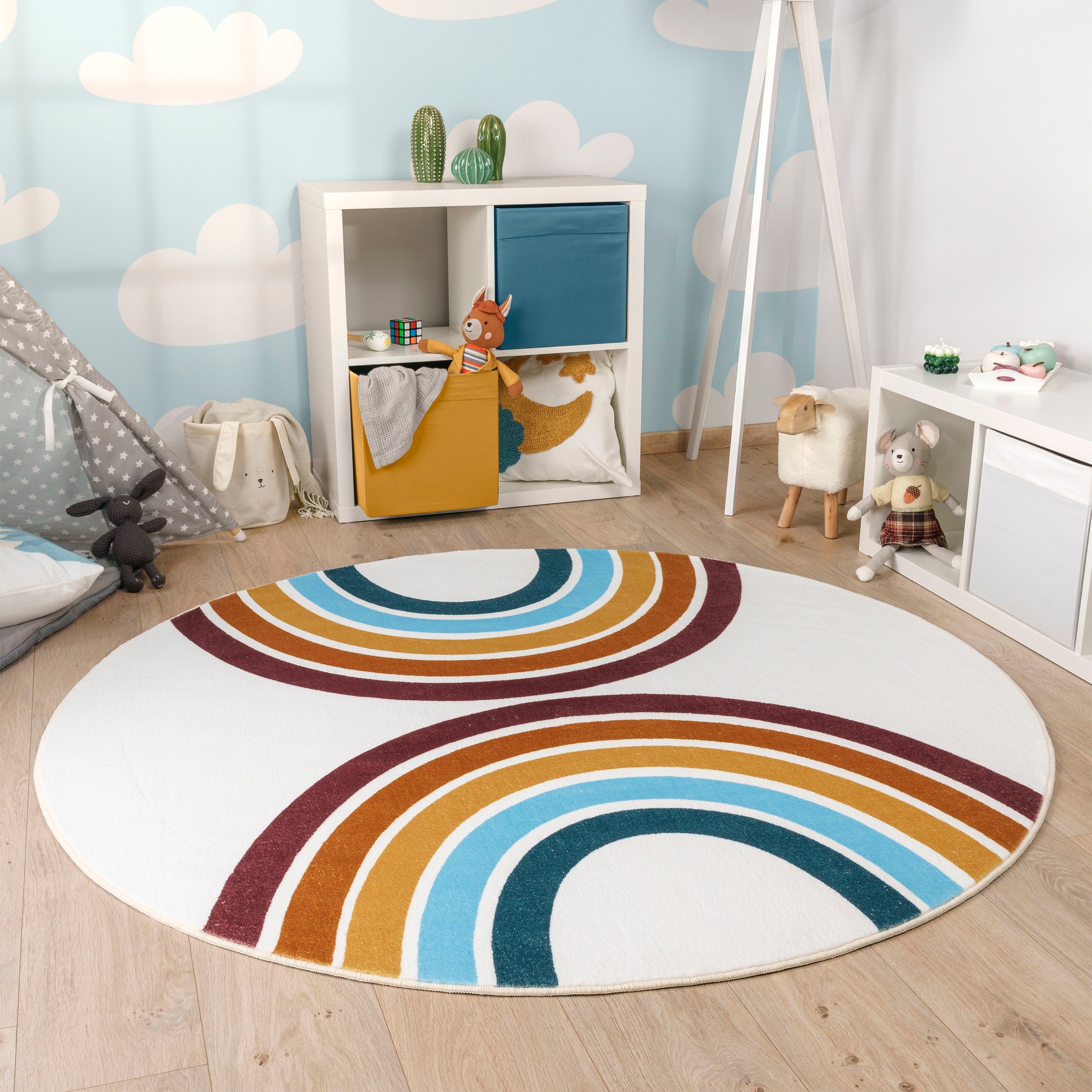 Paco Home Kinderteppich »Niloya 361«, rund, 12 mm Höhe, Spielteppich, Kurzflor, bedruckt, Motiv Regenbogen, waschbar