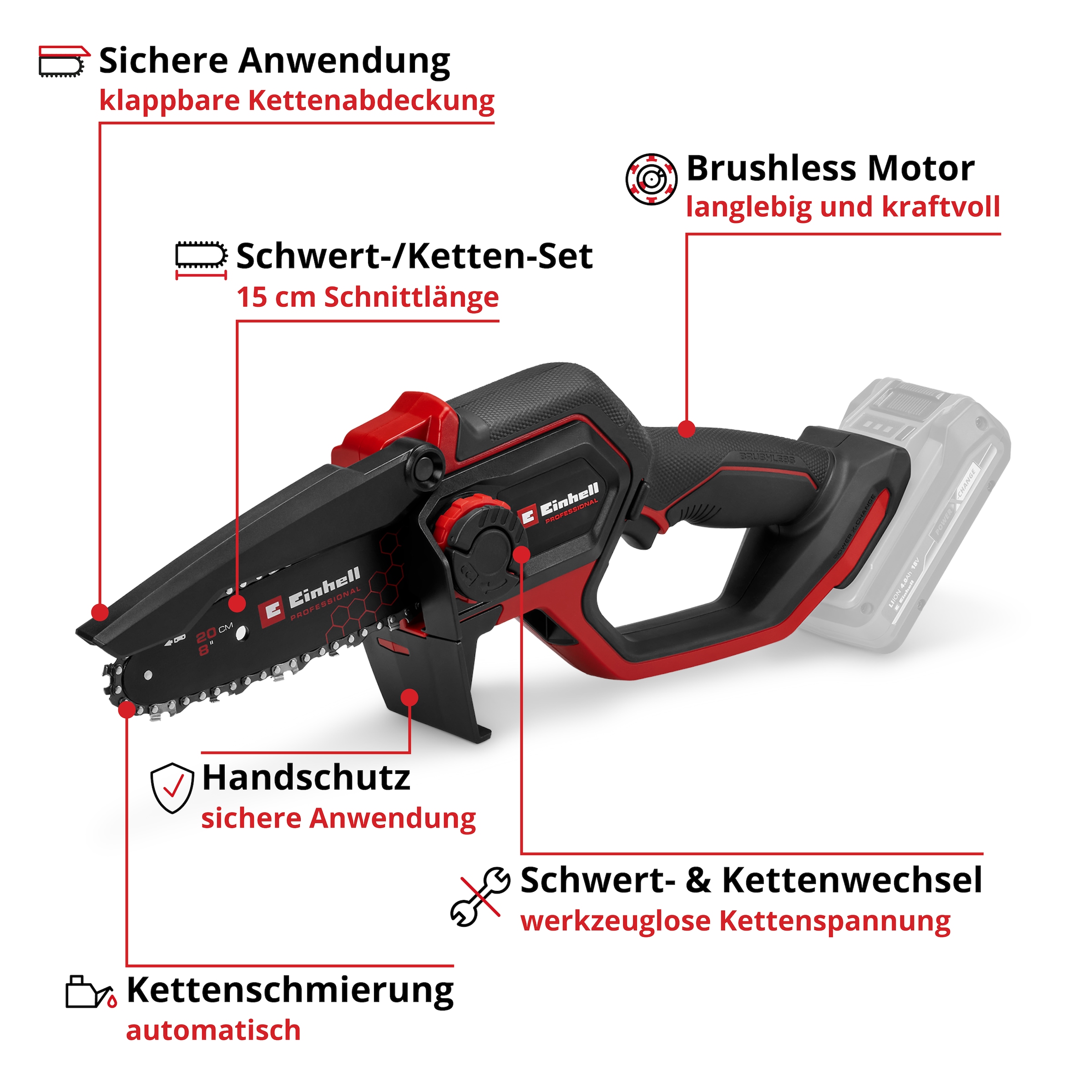 Einhell Akku-Kettensäge »PROFESSIONAL Akku-Astkettensäge »GP-PS 18/20 Li BL« (1x4,0Ah+)«, Inkl. Akku und Ladegerät