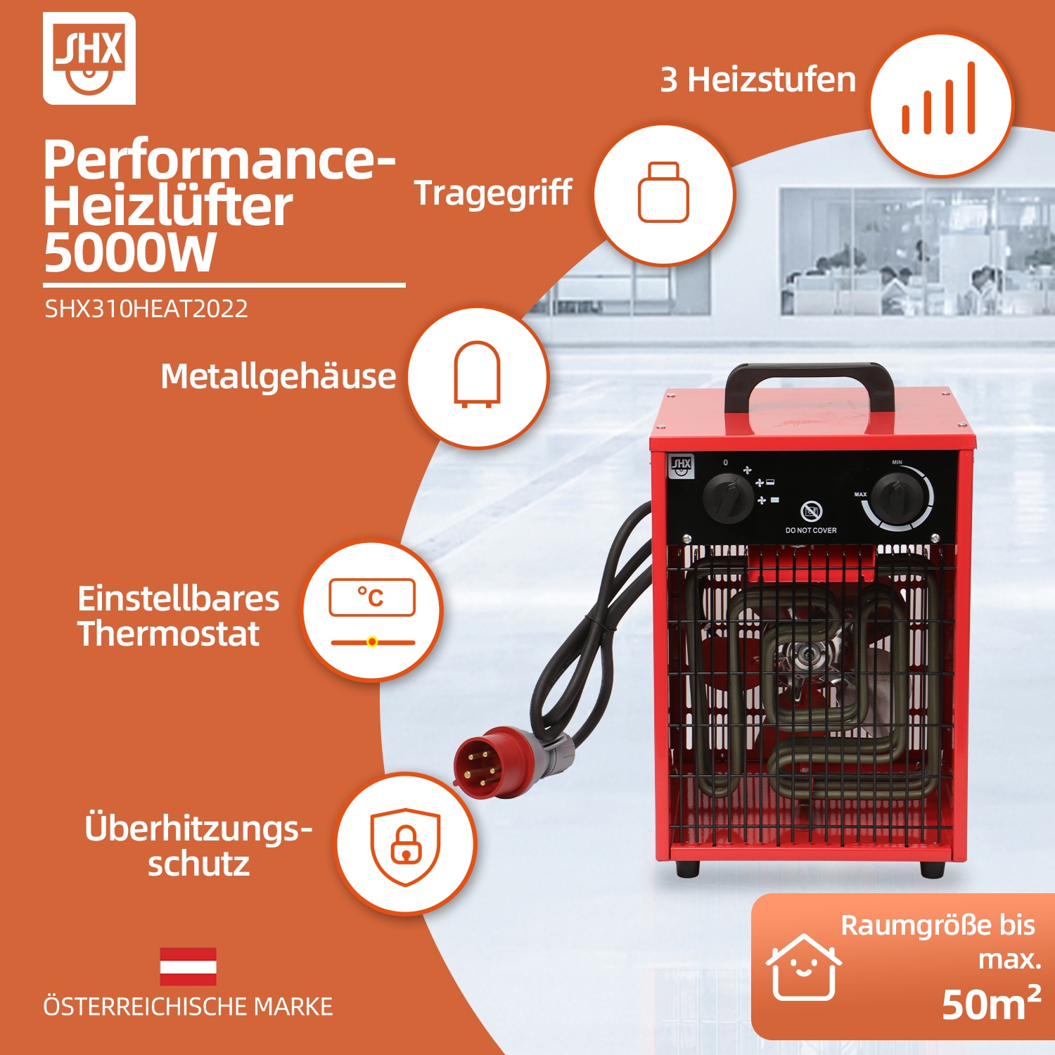 SHX Heizlüfter, 5000 W, spritzwassergeschützt, Kraftstromanschluss