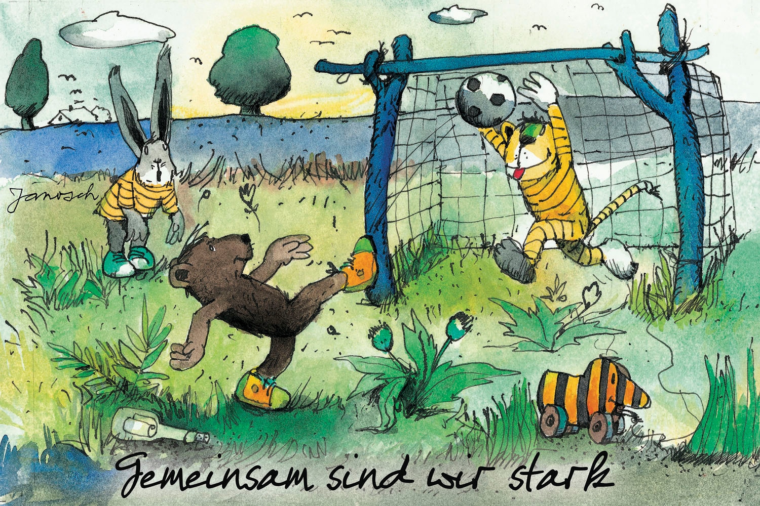 LuckyLinde Leinwandbild »Gemeinsam sind wir strark - Janosch« Bär | Ente | Enten | Figuren | Filmfiguren | Motivationsbilder | Schriftzug | Sport | Sprüche | Tiere | Tiger | little star 1 Stk. tlg. Exklusive JANOSCH Kindermotive