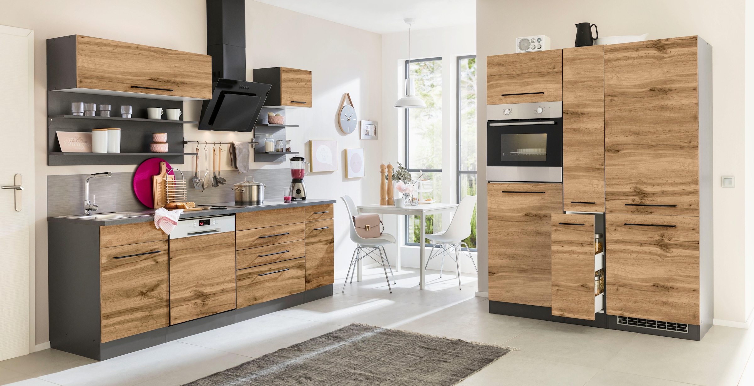 KOCHSTATION Küchenzeile »KS-Tulsa« ohne E-Geräte, Breite 380 cm, schwarze Metallgriffe, MDF Fronten