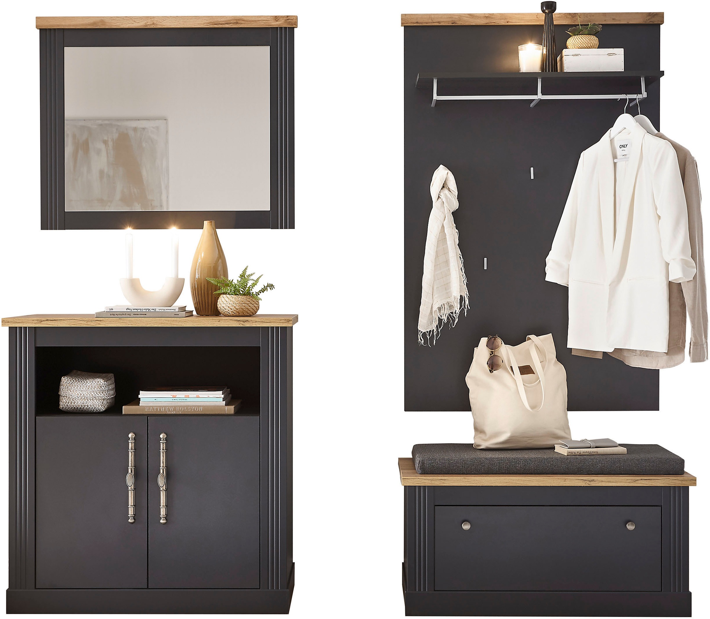 Home affaire Garderoben-Set »WESTMINSTER TOPSELLER!«, (4 St., Schuhbank, Spiegel, Kommode, Wandpaneel), im romantischen Landhausstil
