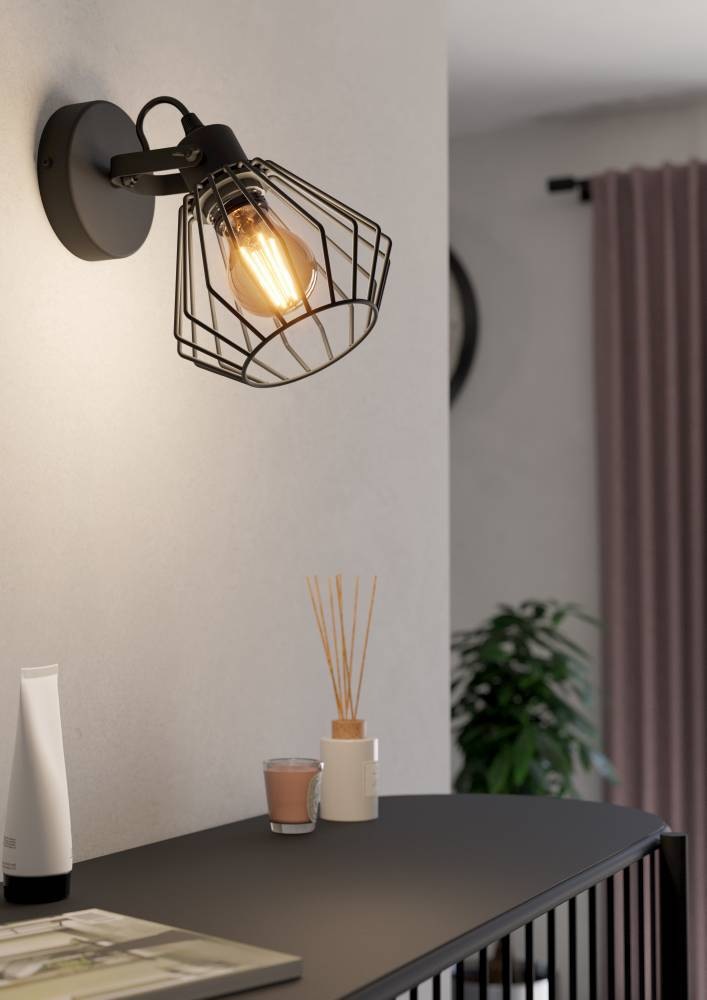 EGLO Deckenspot »TABILLANO Wandlampe, Flurlampe, Wohnzimmerlampe, Metall, schwarz, E27«, 1 flammig, Leuchtmittel E27 | ohne Leuchtmittel, Wandleuchte, Vintage, Industrial, modern, Drahtgestell, 11cm
