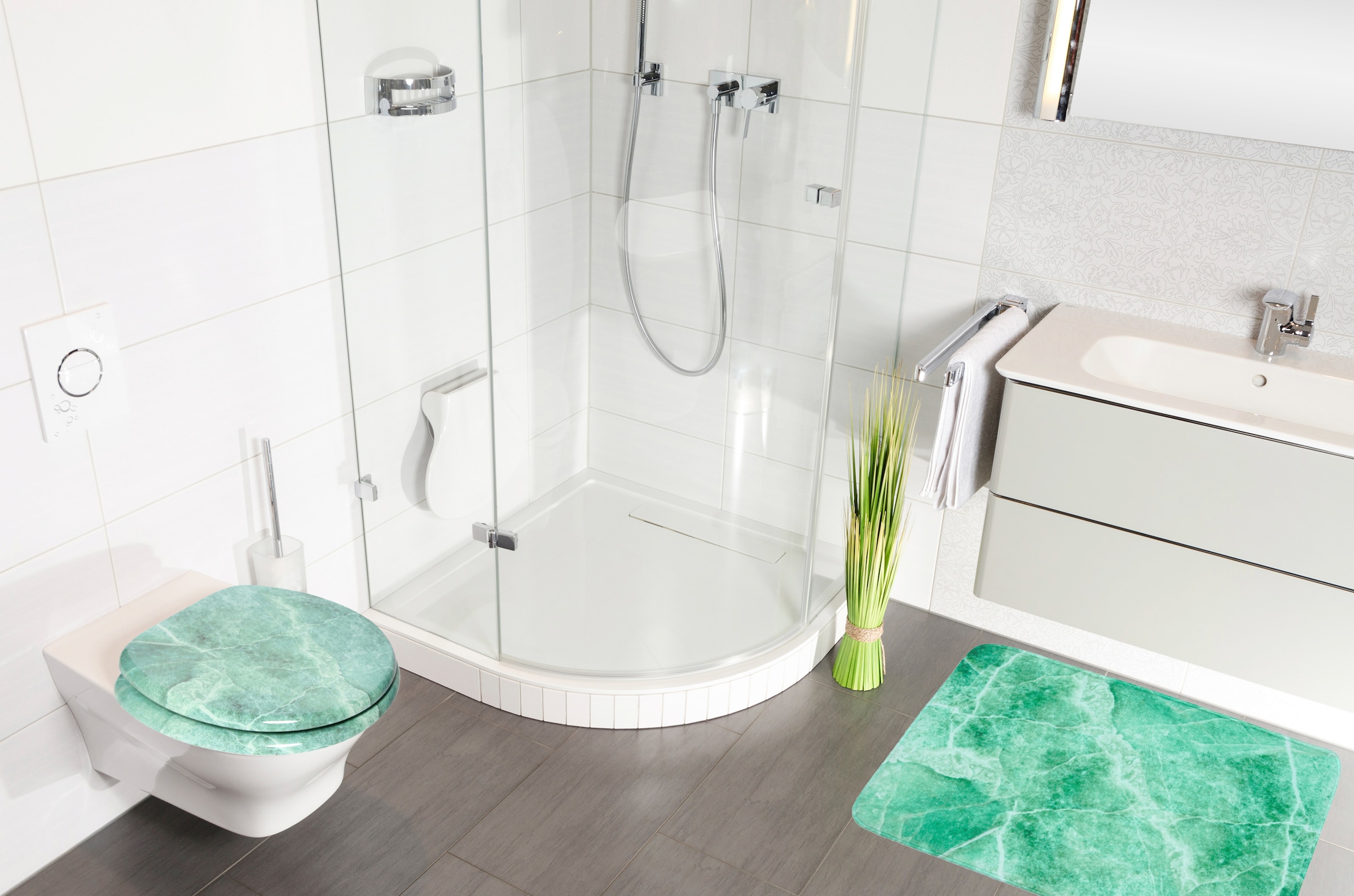 Sanilo Badaccessoire-Set »Marmor Grün« bestehend aus WC-Sitz, Badteppich und Waschbeckenstöpsel