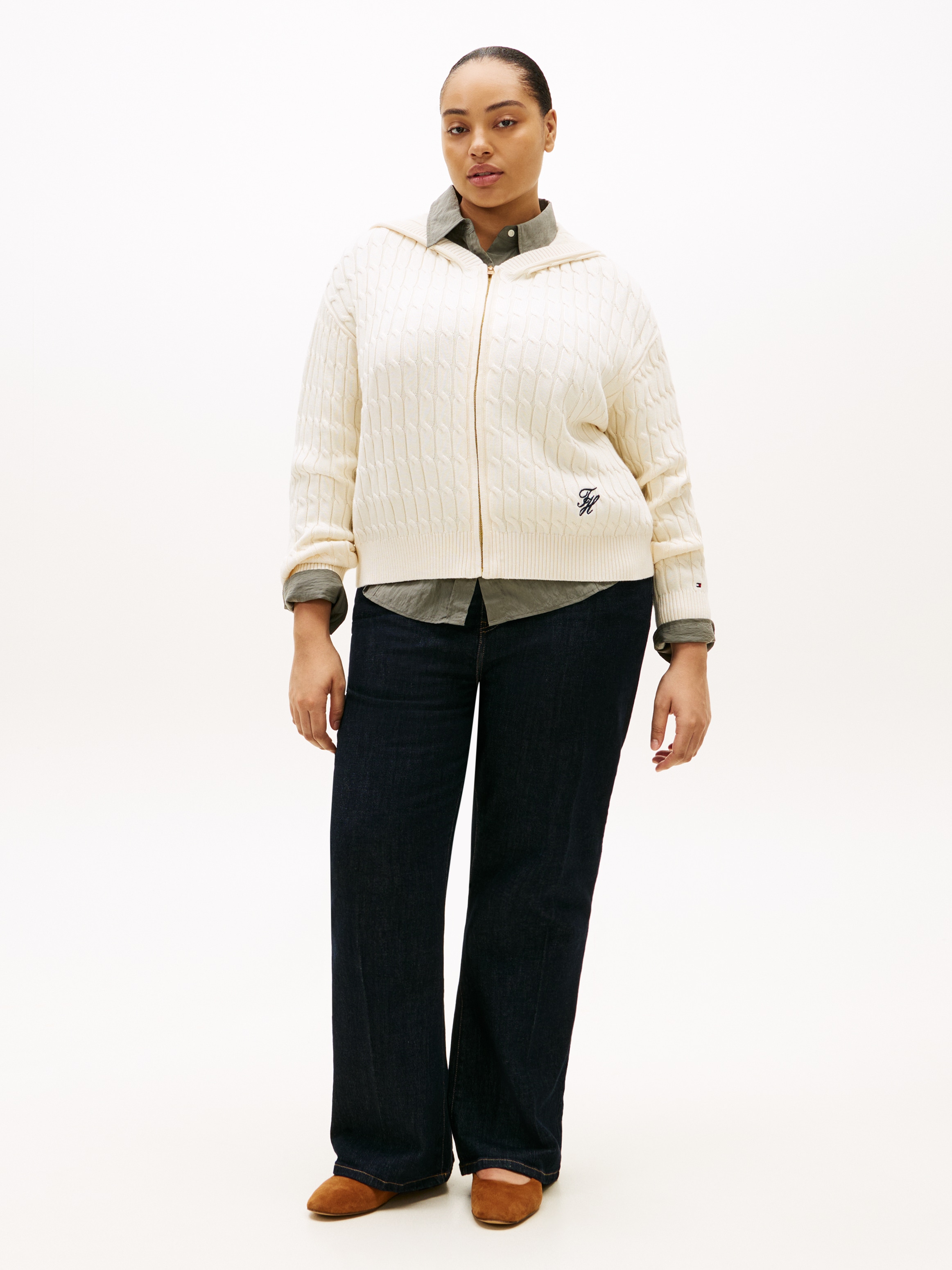 Tommy Hilfiger Curve Kapuzenstrickjacke »CRV CO CABLE MID GG LS ZIP HOODY« in großen Größen, mit Zopfmuster