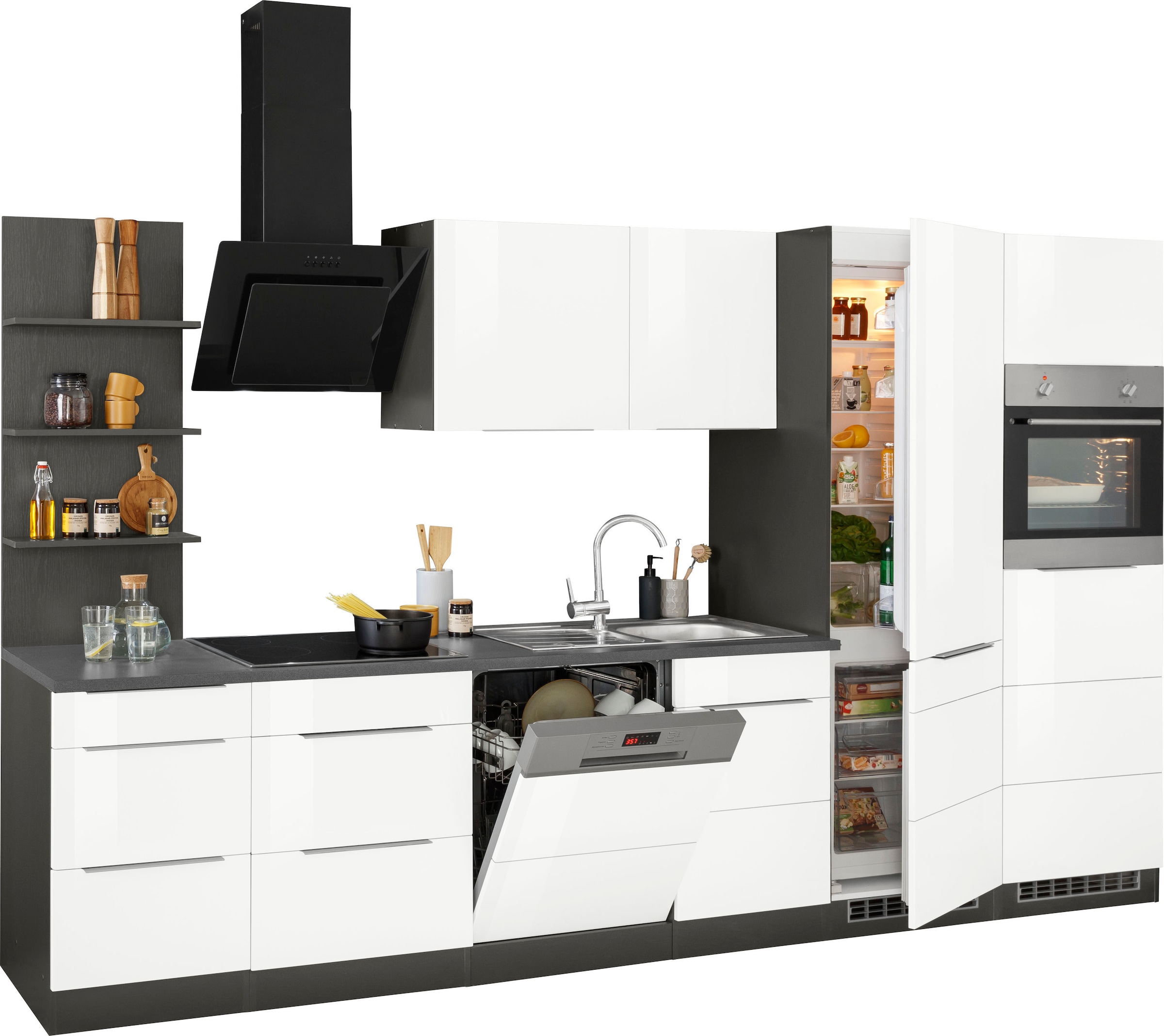 KOCHSTATION Küchenzeile »KS-Brindisi Breite 340 cm« wahlweise mit E-Geräten und Induktion, mit MDF-Fronten und Regal