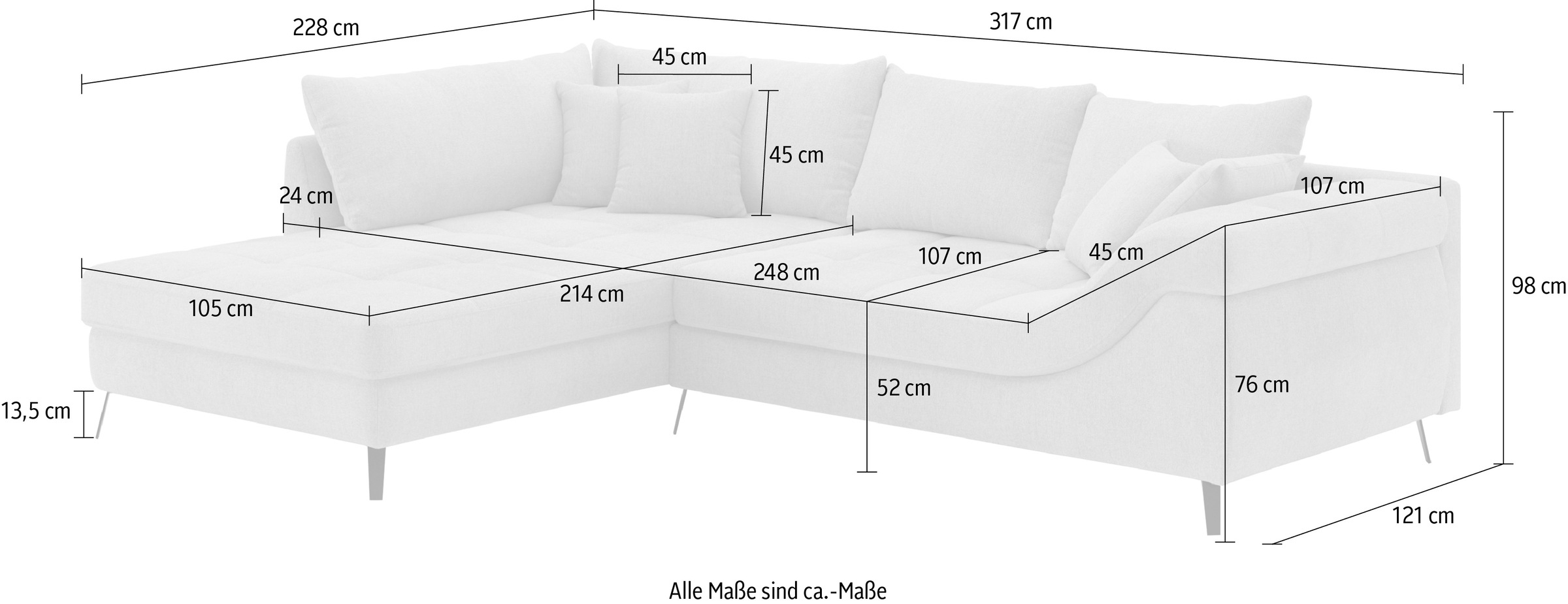 Mr. Couch Ecksofa »Portofino L-Form«, 4 Bezugsqualitäten, 13,5 cm hohe Metall-Profilfüße in matt-schwarz