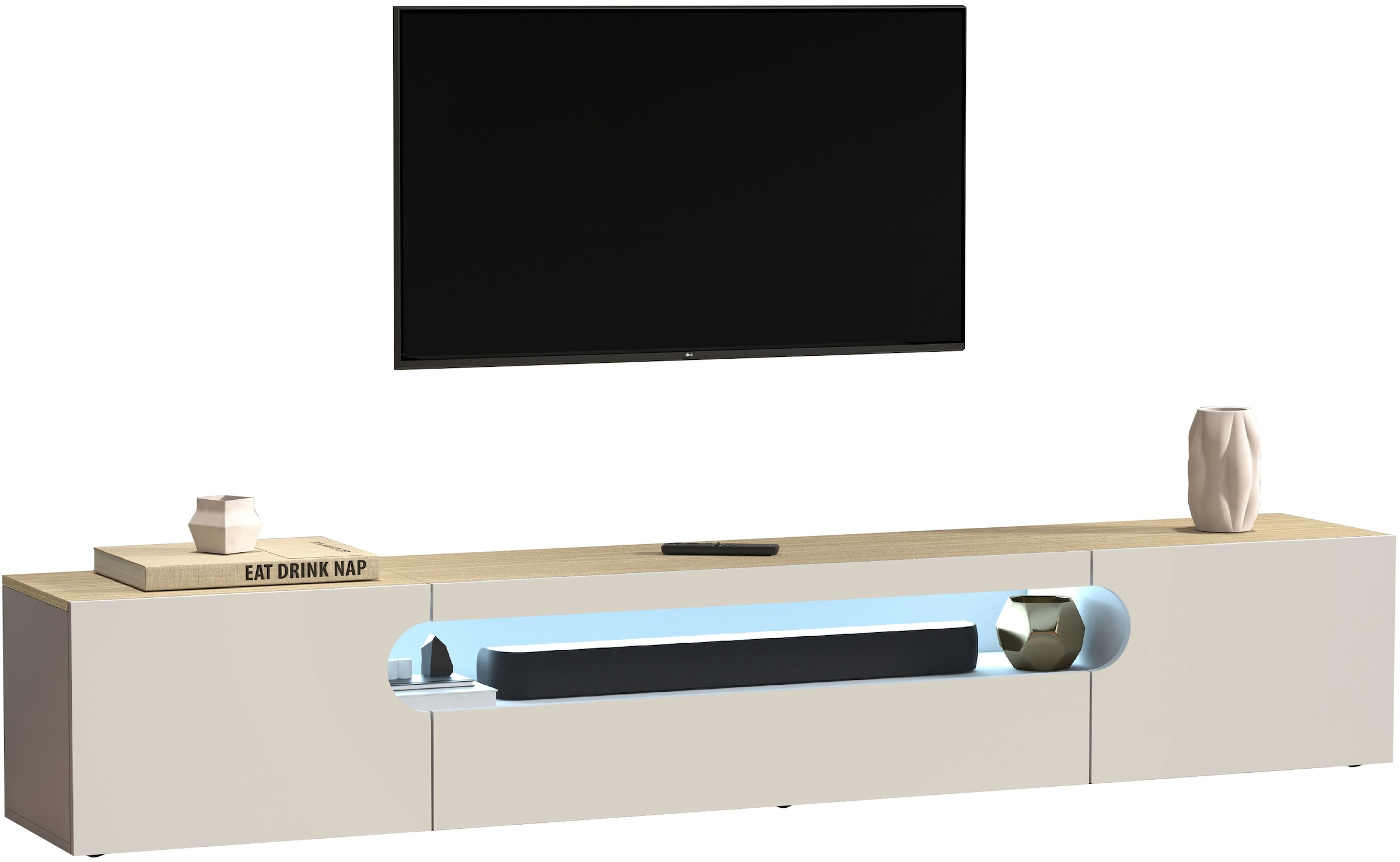 INOSIGN Lowboard »REAL TV-Möbel, 240 cm breit, 40/60 cm hoch, Hochglanz oder matt« mit 2 abgerundeten Türen, 1 Klappe, die ein ovales offenes Fach bilden