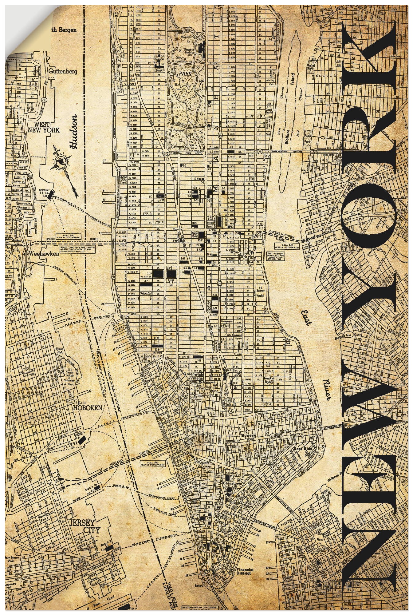 Artland Wandbild »New York Karte Straßen Karte Sepia«, Amerika, (1 St.), in vielen Größen & Produktarten - Alubild / Outdoorbild für den Außenbereich, Leinwandbild, Poster, Wandaufkleber / Wandtattoo auch für Badezimmer geeignet