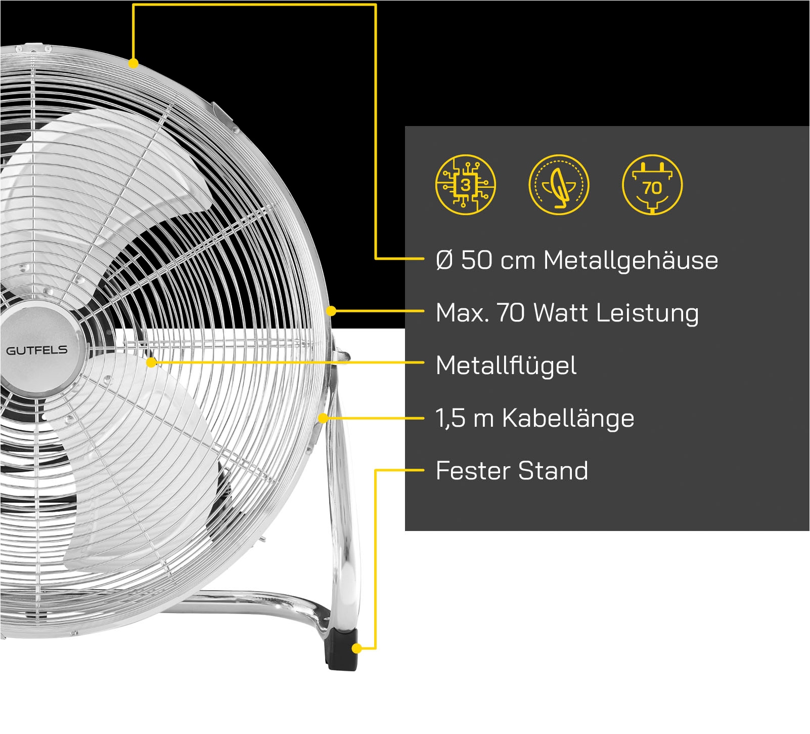 Gutfels Bodenventilator »VB 37059 ch«, Ø 50 cm, Vollmetall, 100 W Leistung